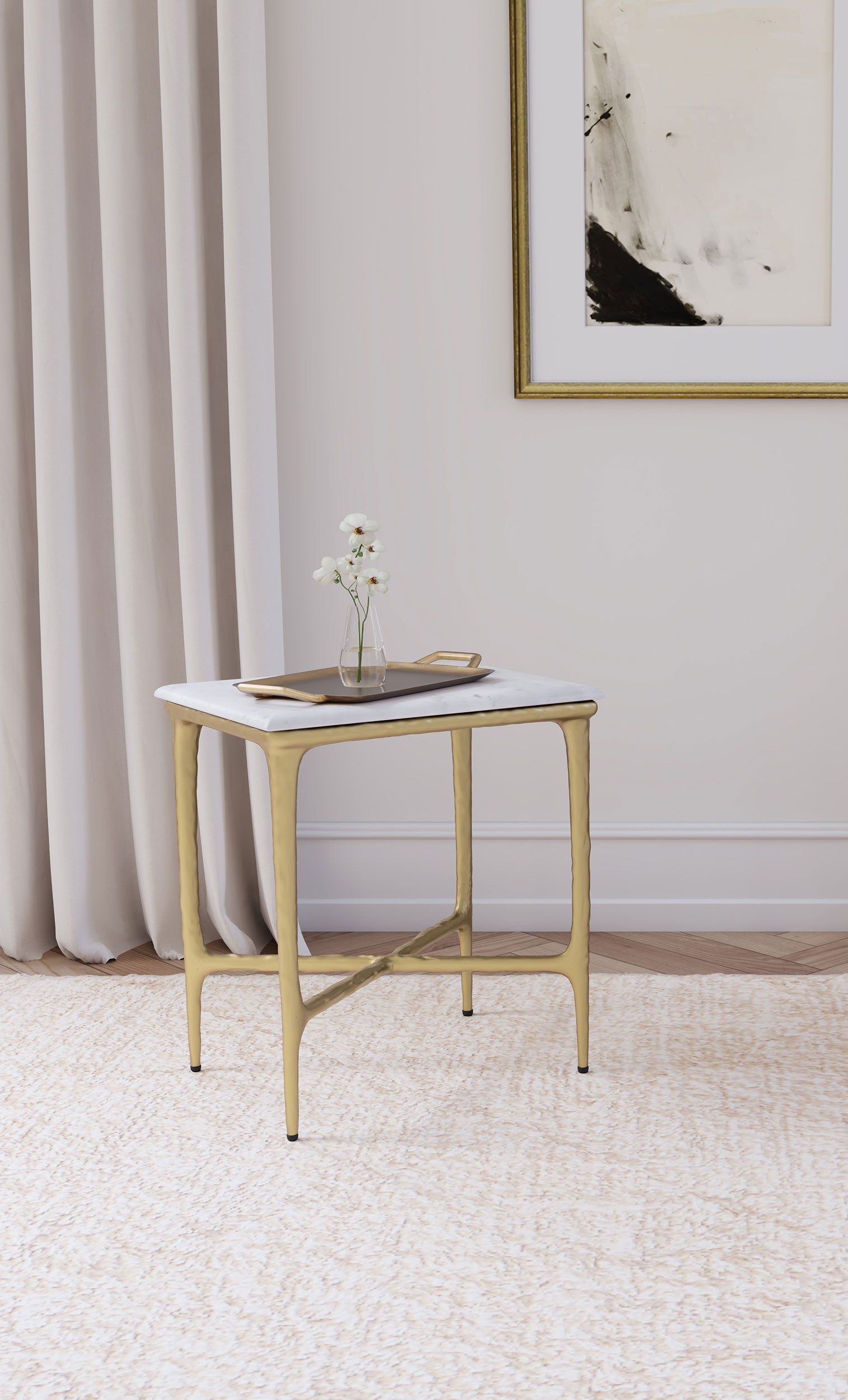 Baldwin Rectangular Marble Top Side Table White and Gold-