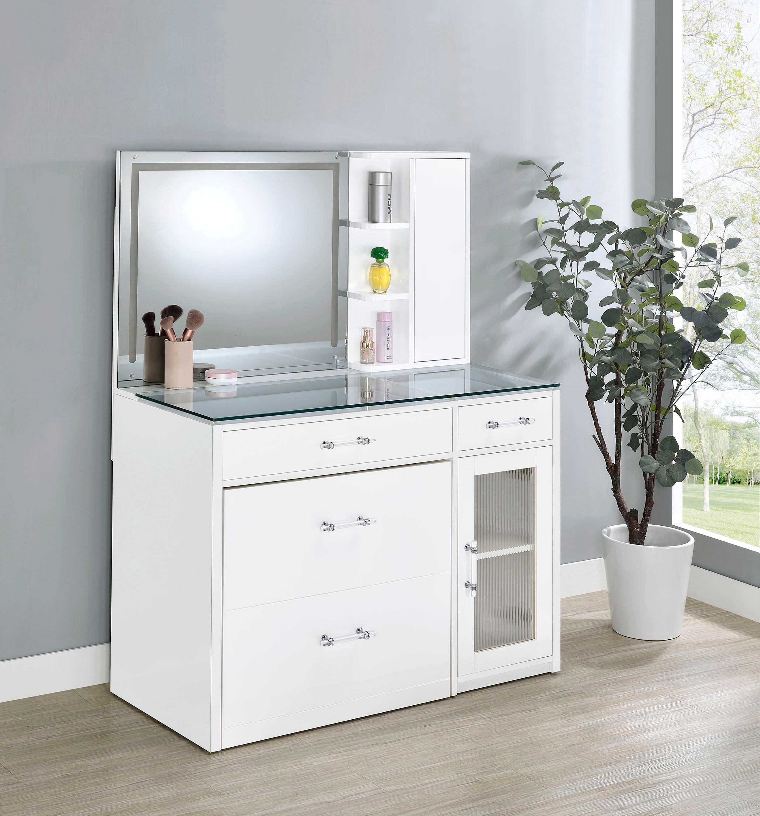 Flora 2-drawer Vanity Set with LED Mirror White High Gloss-