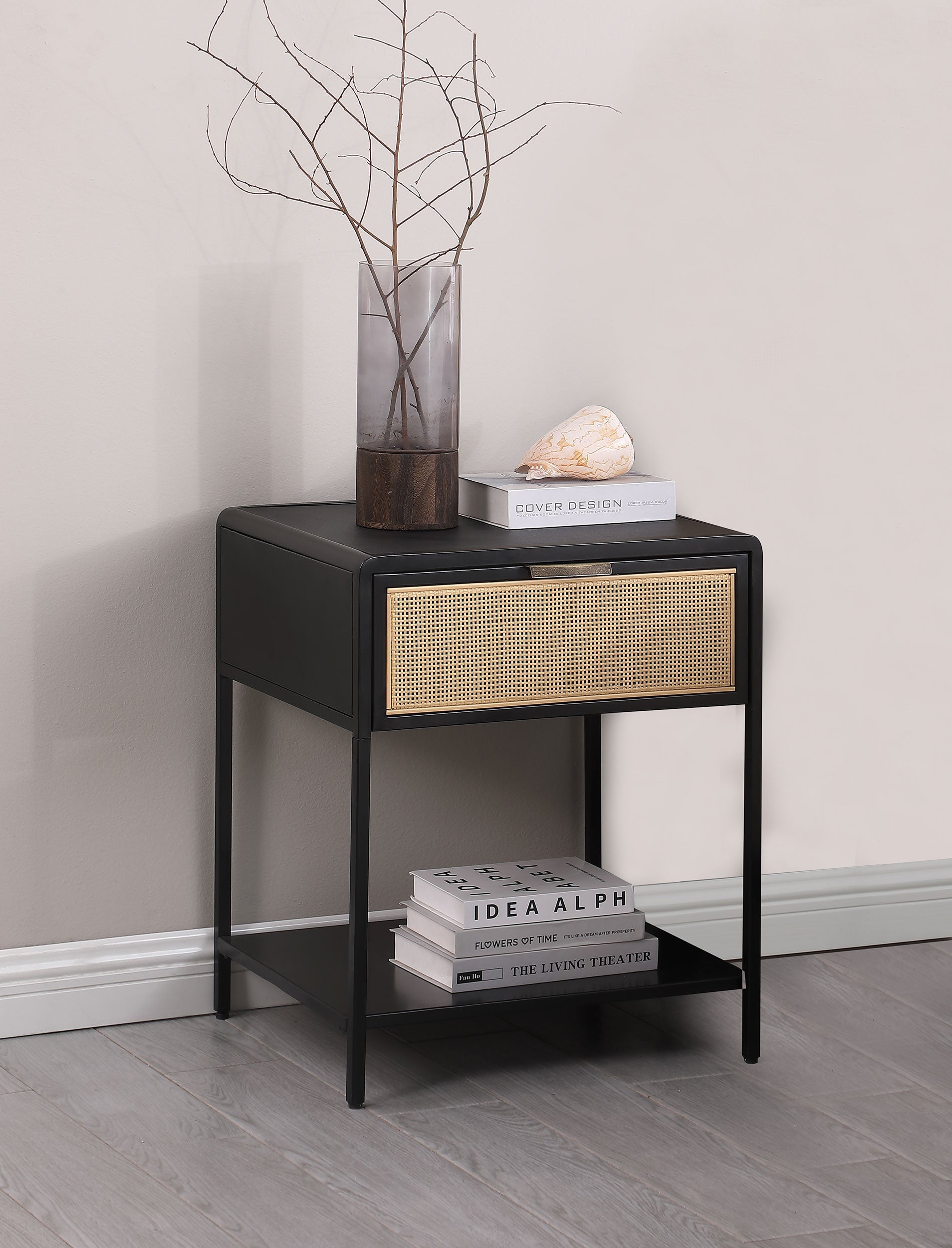 Amherst 1-drawer Radio Weave Cane Metal Bedside Table Black-