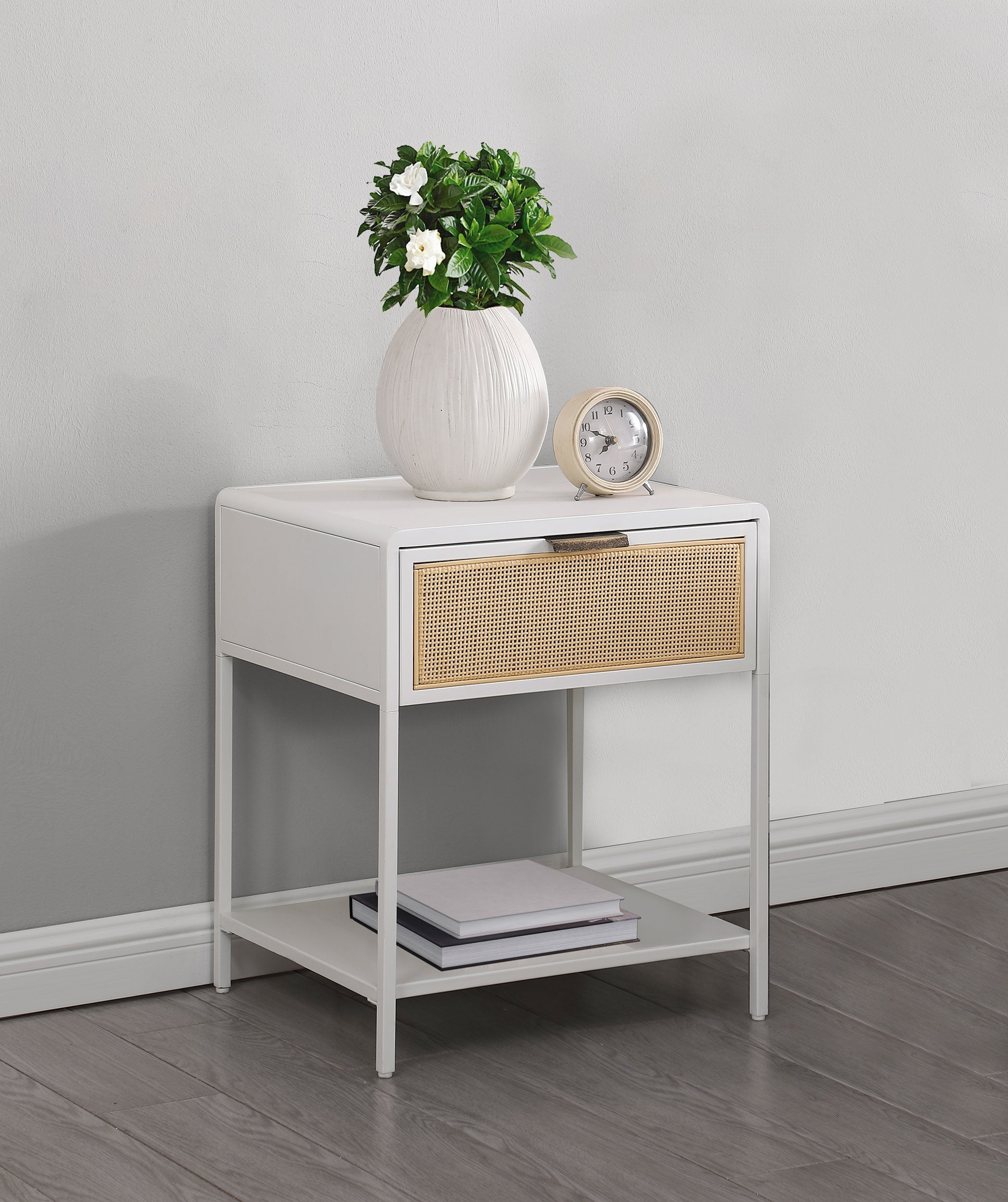 Amherst 1-drawer Radio Weave Cane Metal Bedside Table White-