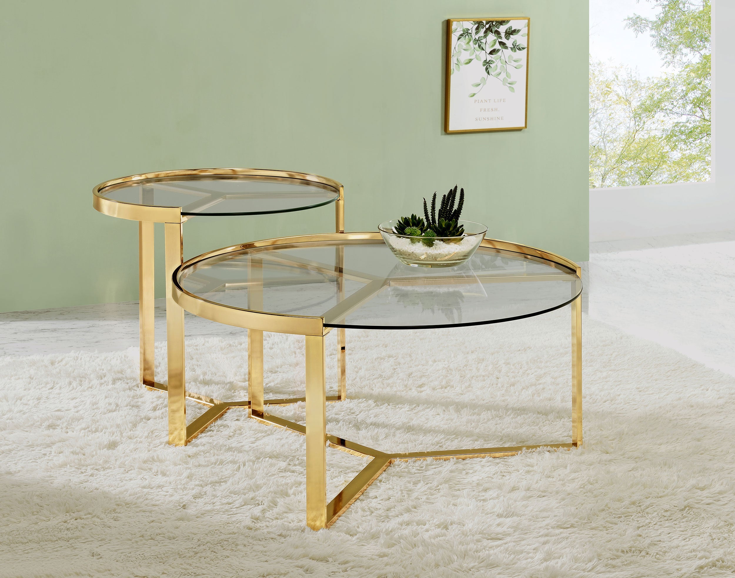 Delia 2-Piece Round Glass Top Nesting Coffee Table Gold-CoasterEssence