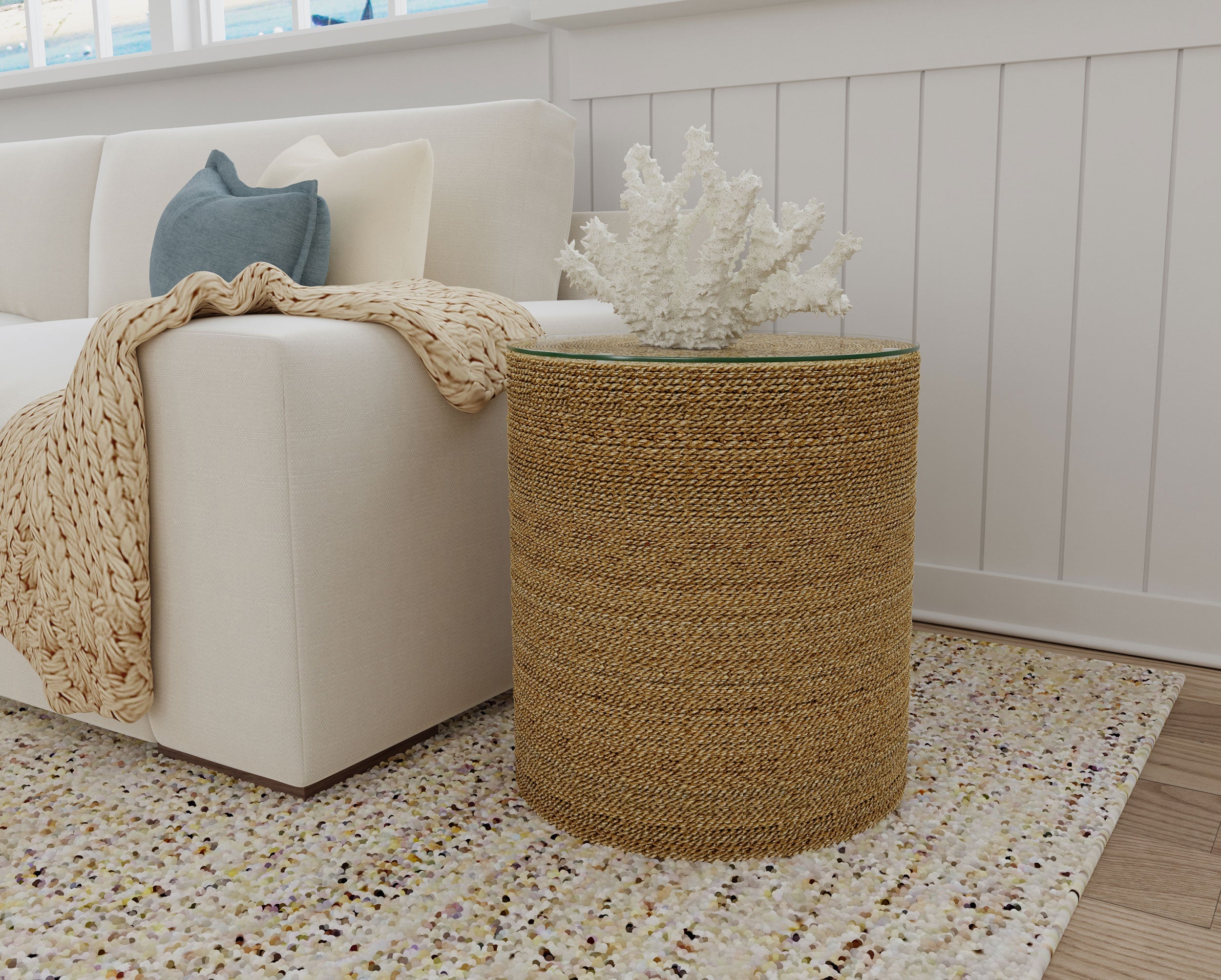 Halden Round Woven Seagrass Accent Side Table Light Brown-