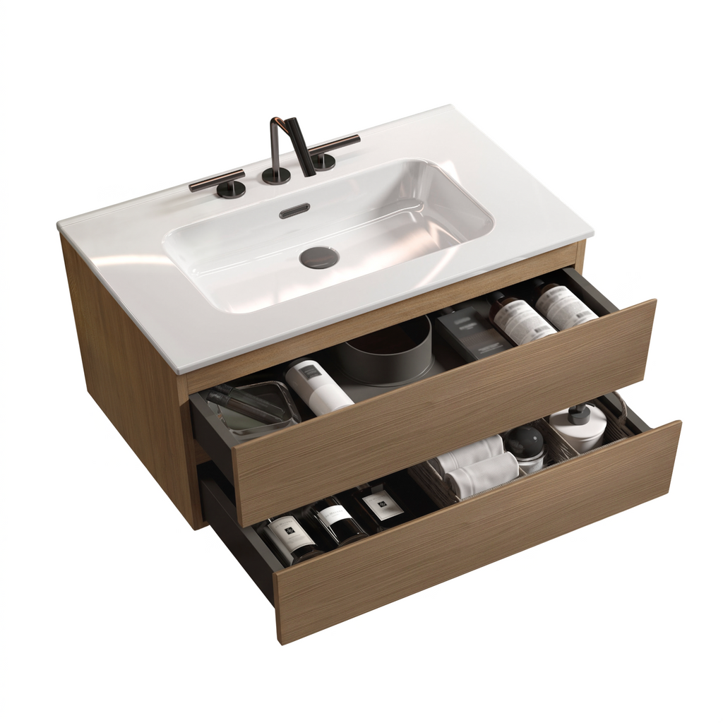 TIA Wall Mount 36" Bathroom Vanity, Walnut Brown, Ceramic Sink