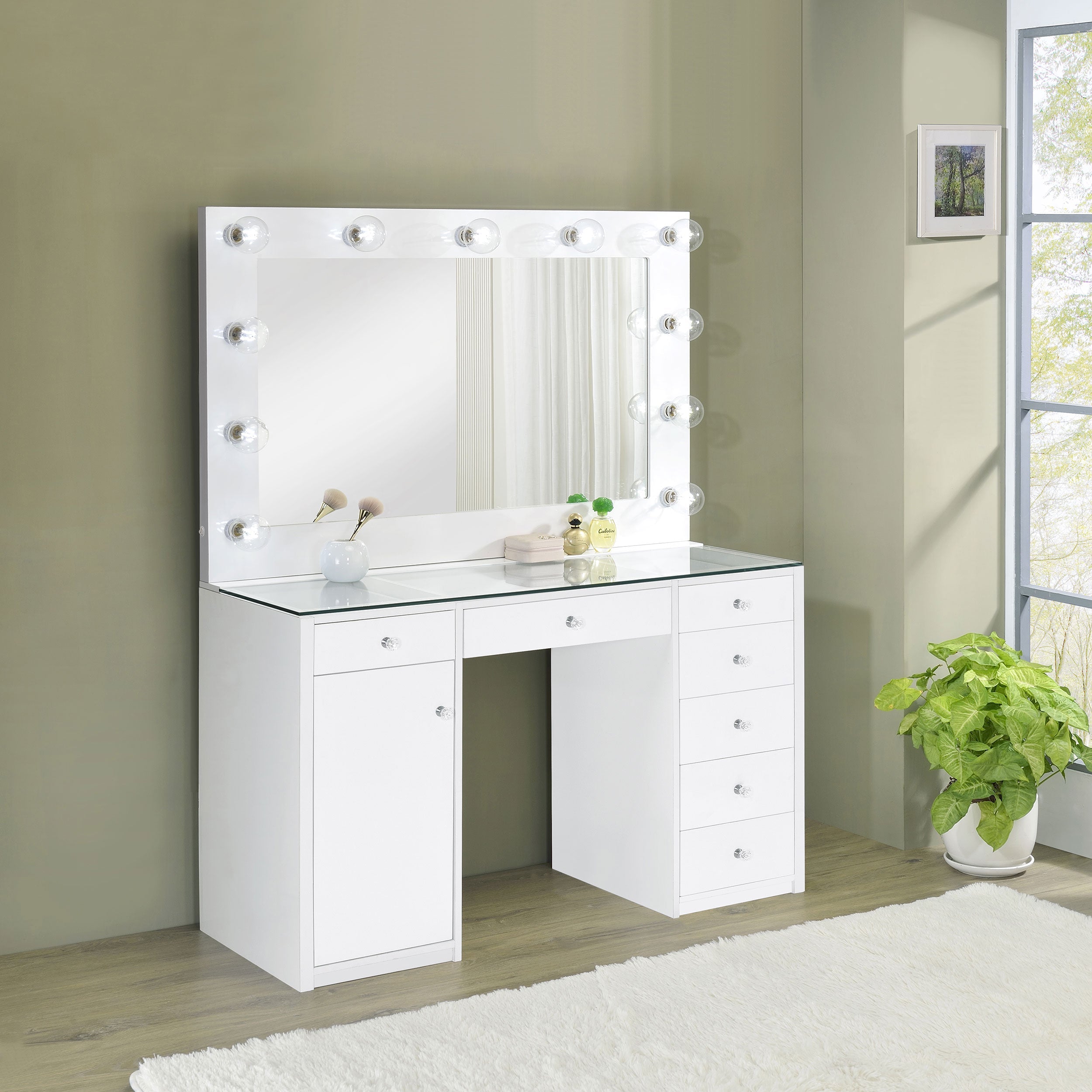 Acena 7-drawer Vanity Set with Lighting White High Gloss-CoasterEssence