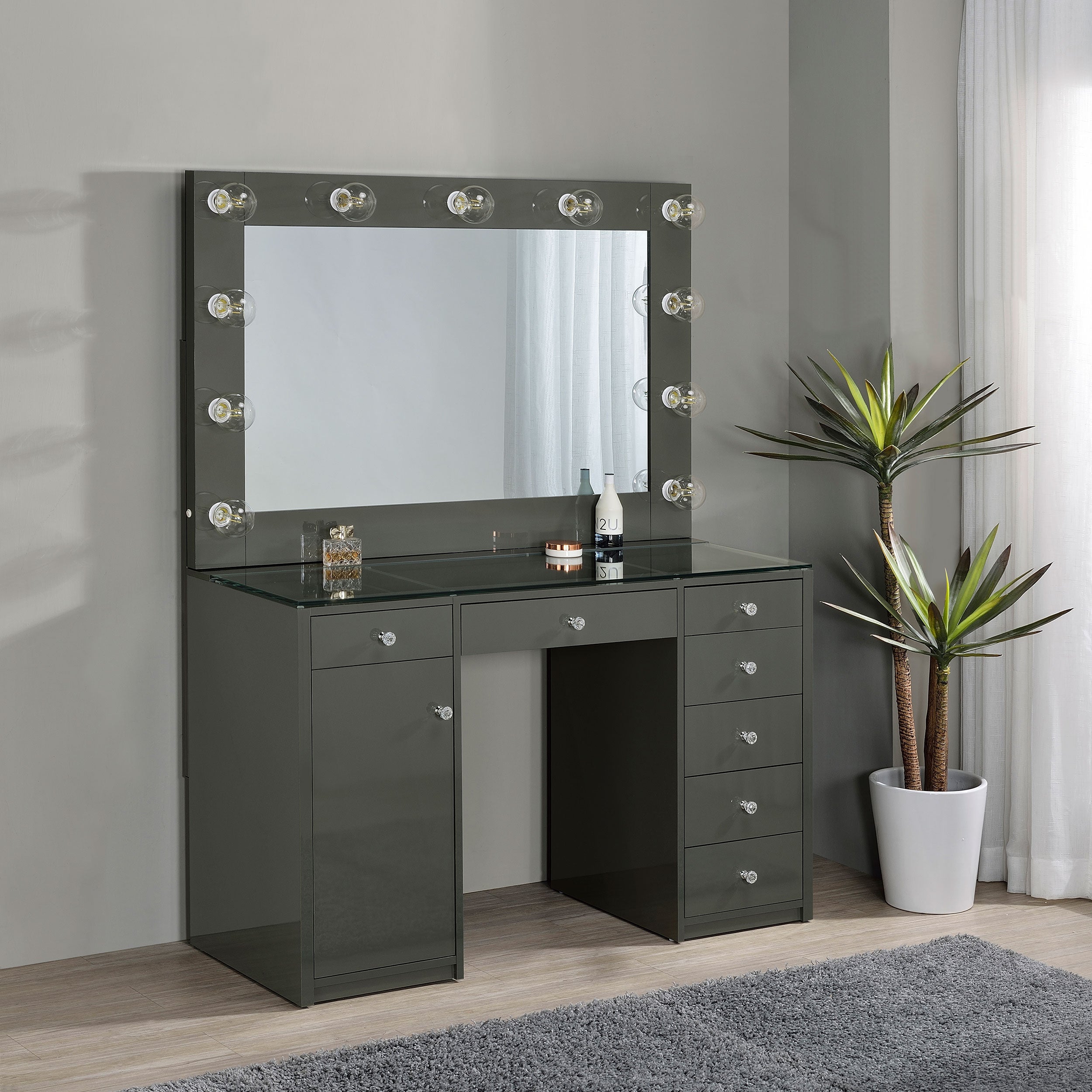 Acena 7-drawer Vanity Set with Lighting Grey High Gloss-