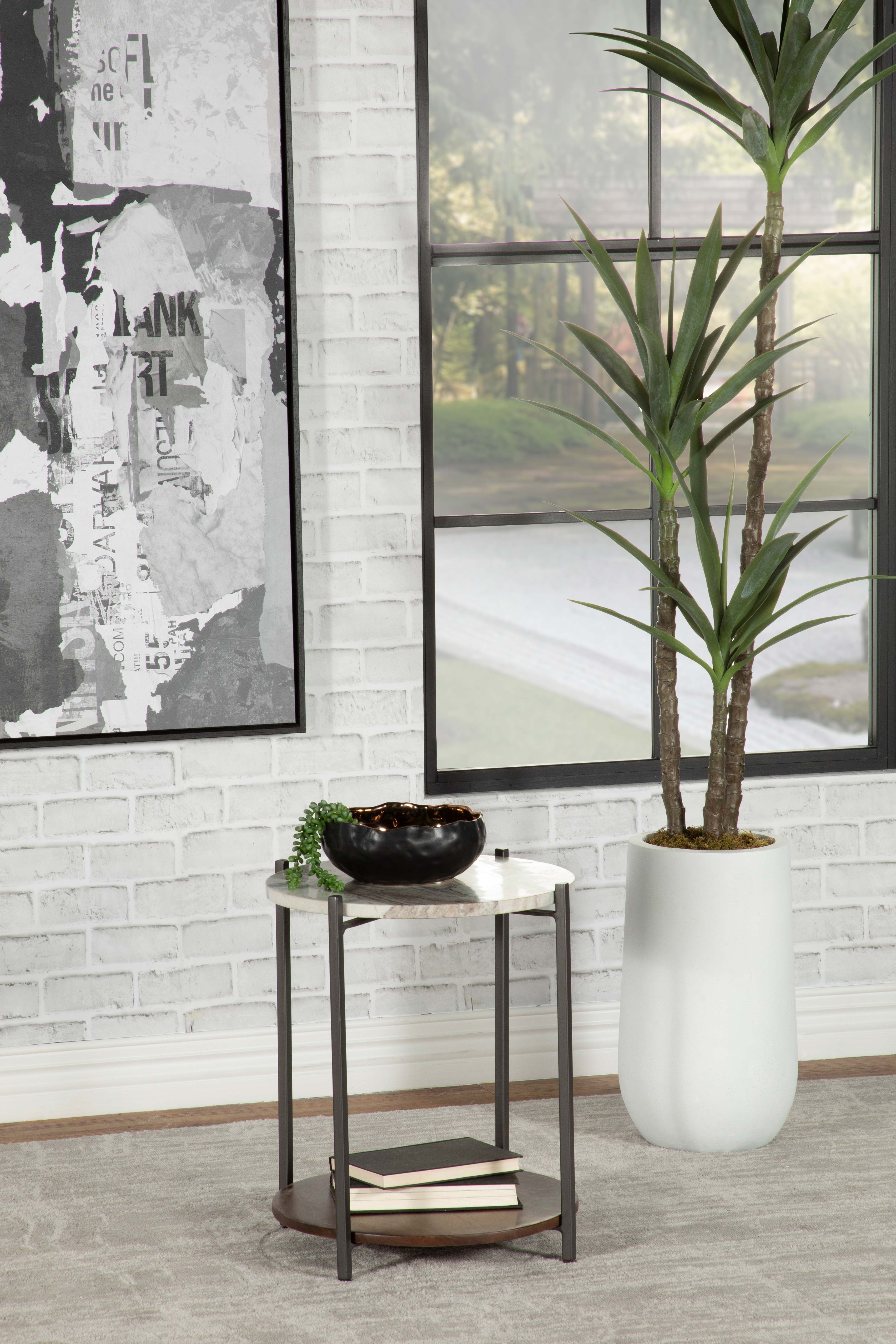 Noemie Round Marble Top Accent Side Table White and Gunmetal-CoasterEssence