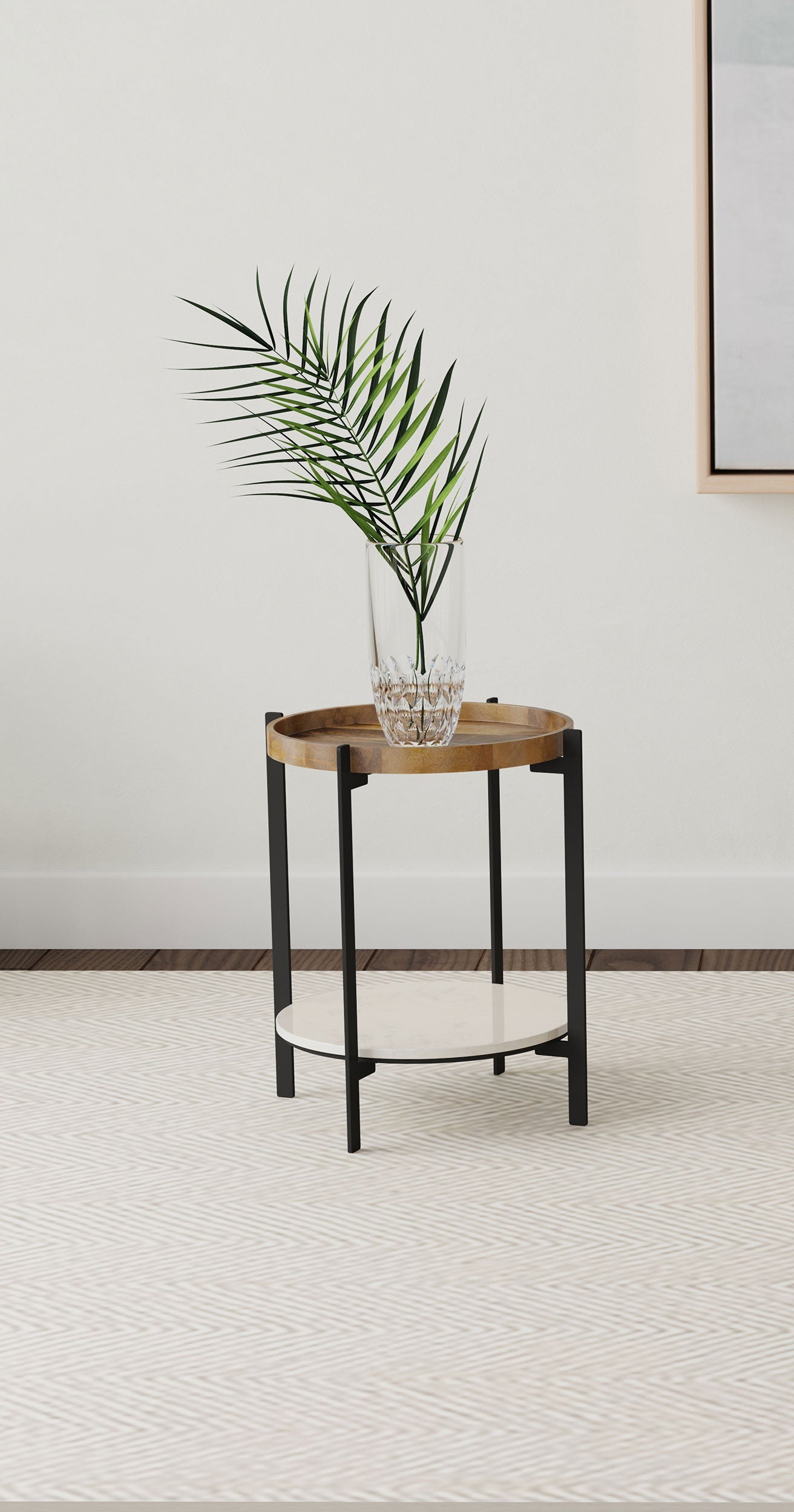 Adhvik Round End Side Table Marble Shelf Natural and Black-CoasterEssence
