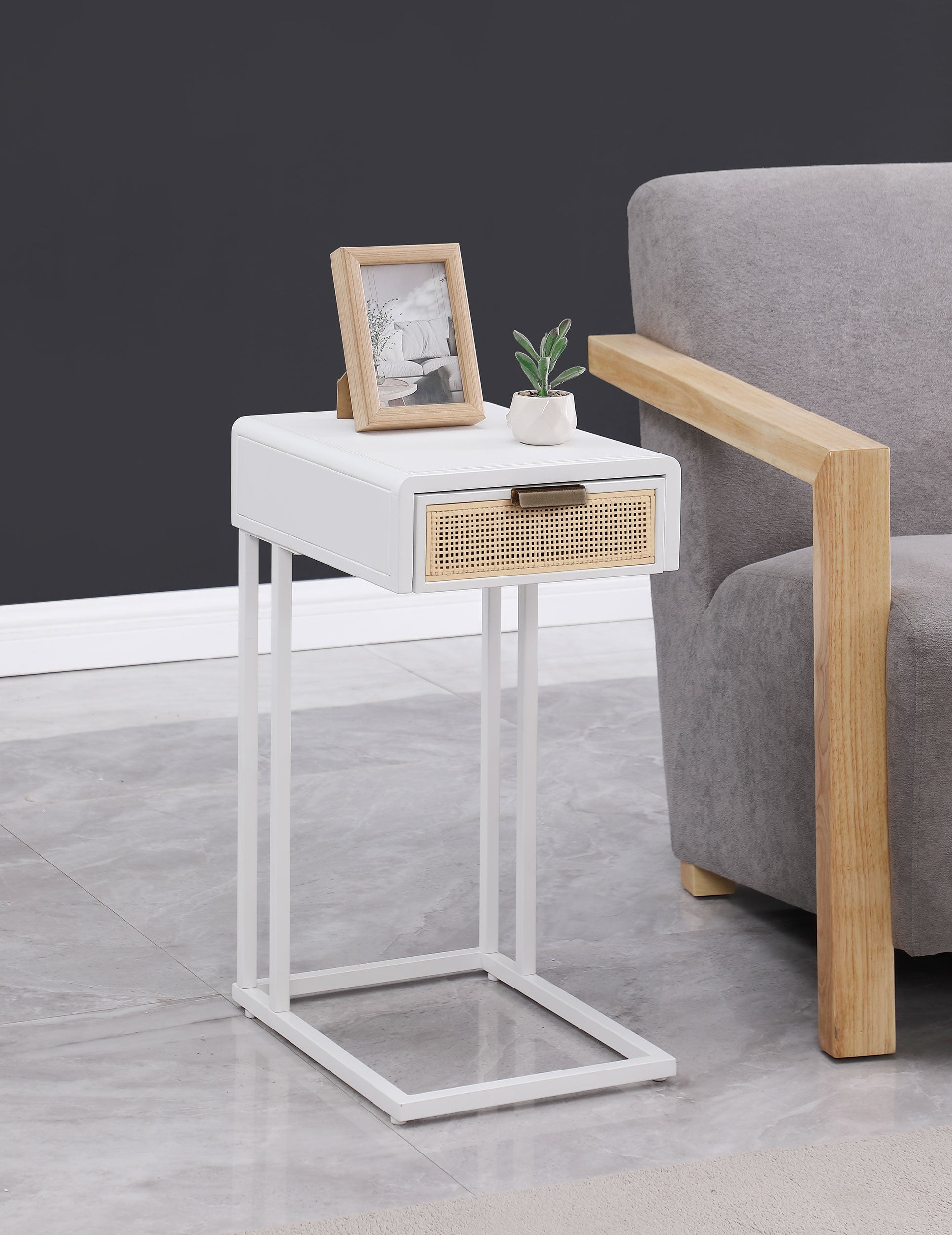 Amherst 1-drawer Radio Weave Cane Metal Side Table White-