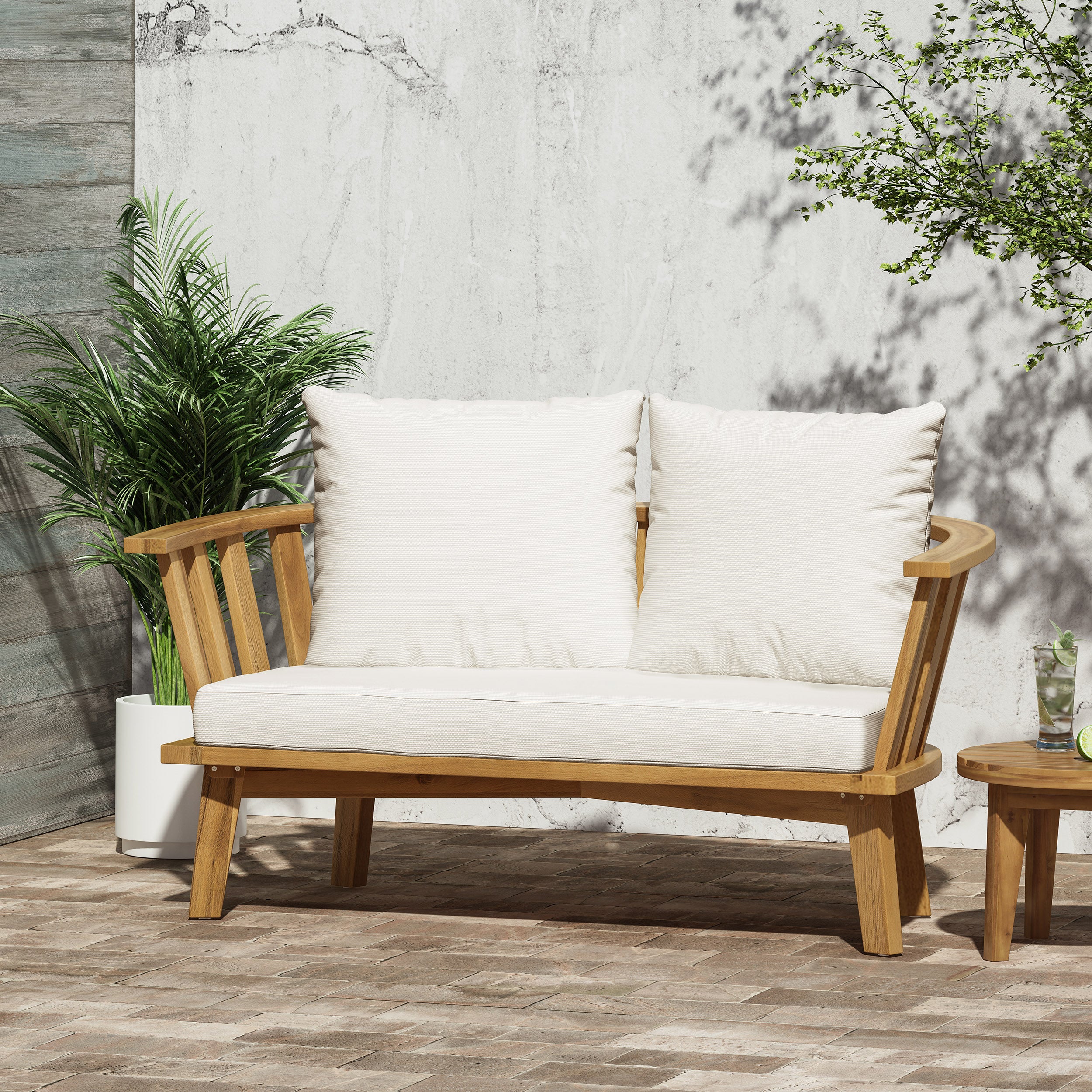 Outdoor Wooden Loveseat with Cushions - White/Teak