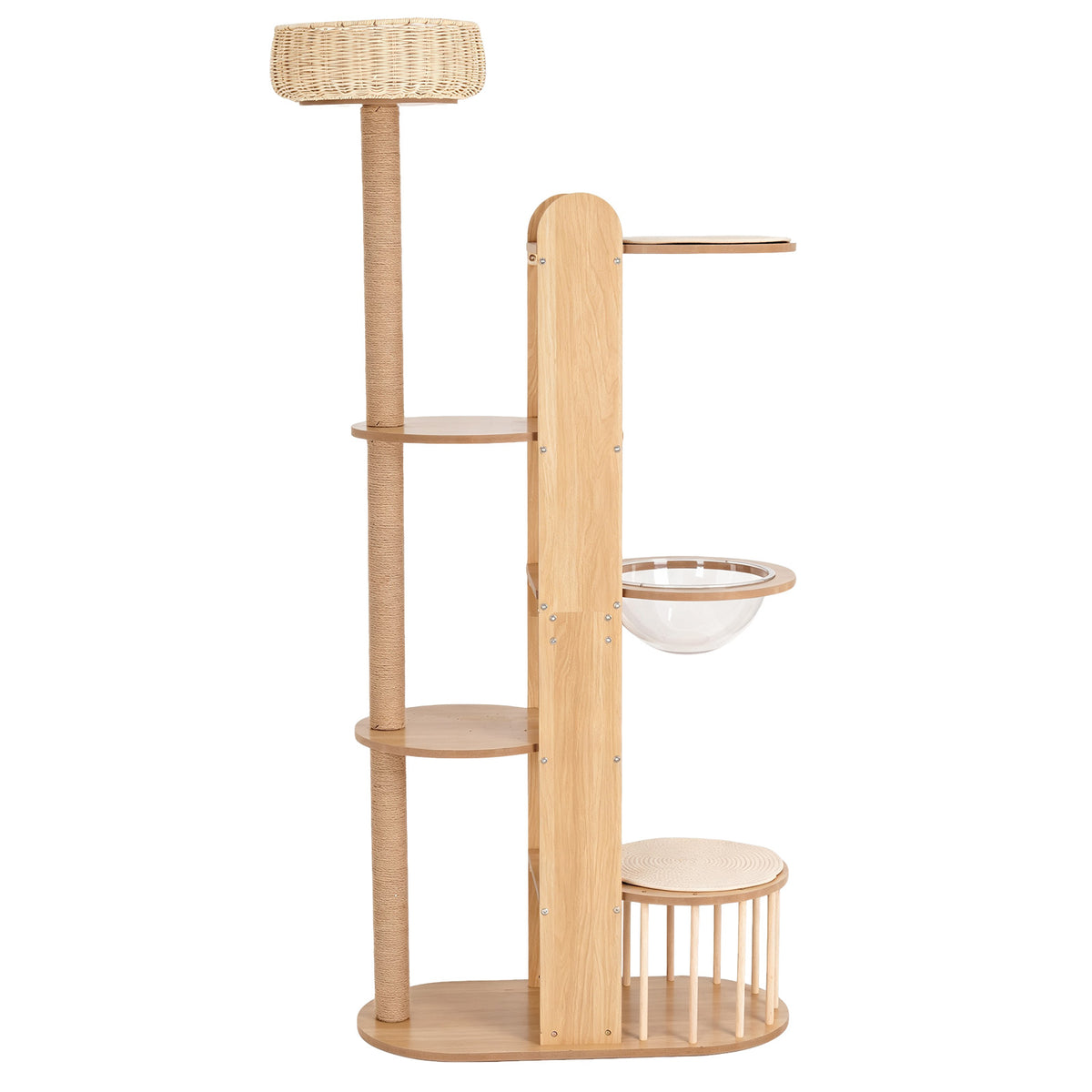 Multi-Level Wood Cat Tree Tower, 70.8" Tall Cat Activity Tree with Sisal Scratching Post, Space Capsule, Woven Top Bed & Fenced Cat House, Modern Indoor Cat Climbing Furniture