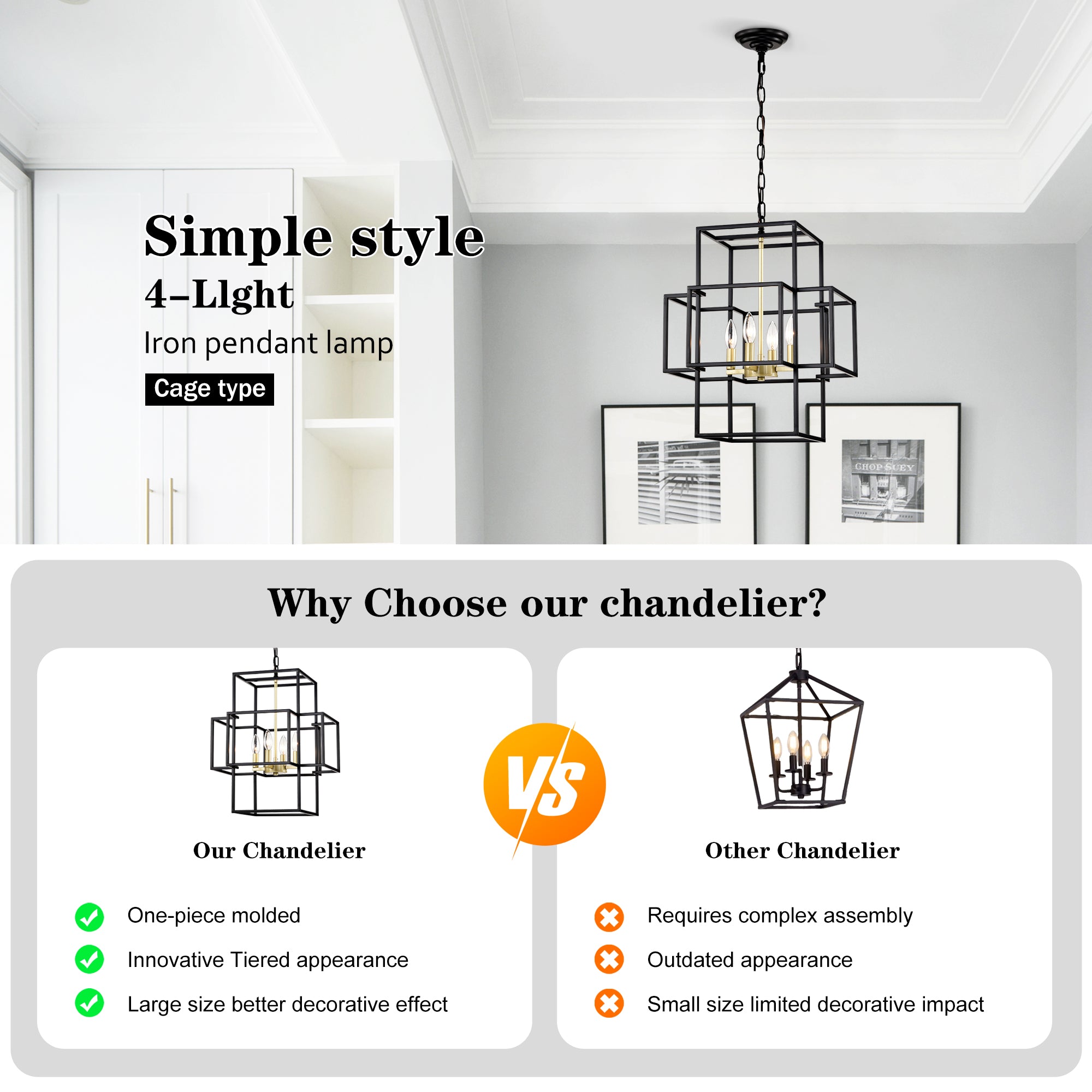 4-Light Metal Lantern Tiered Pendant Hanging Light Fixtures