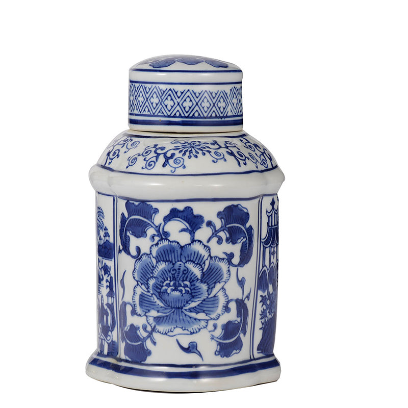 Ren Blue and White Porcelain Oval Jar with Lid, 6.2-Inch