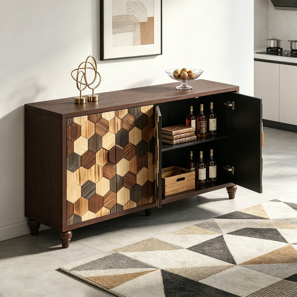 59.8" Sideboard With Honeycomb Pattern, Modern Accent Cabinet