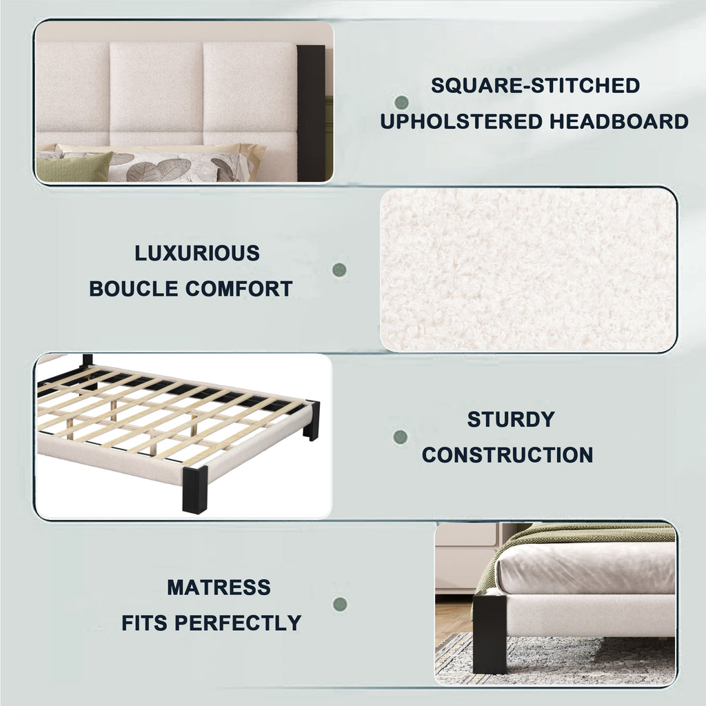 Boucle Cal King Bed Frame with Cube Headboard