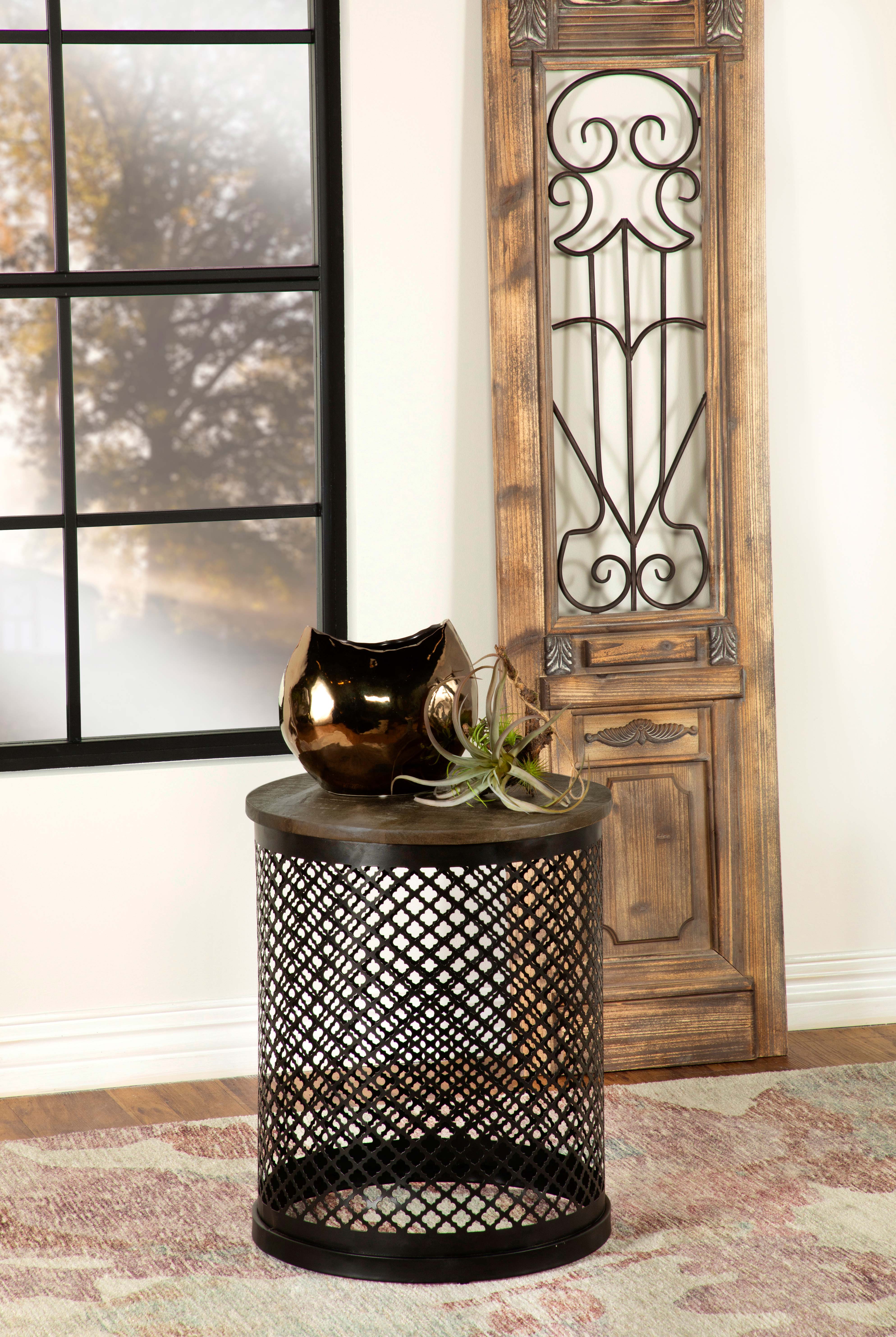 Aurora Round Drum Base Accent Side Table Natural and Black-CoasterEssence