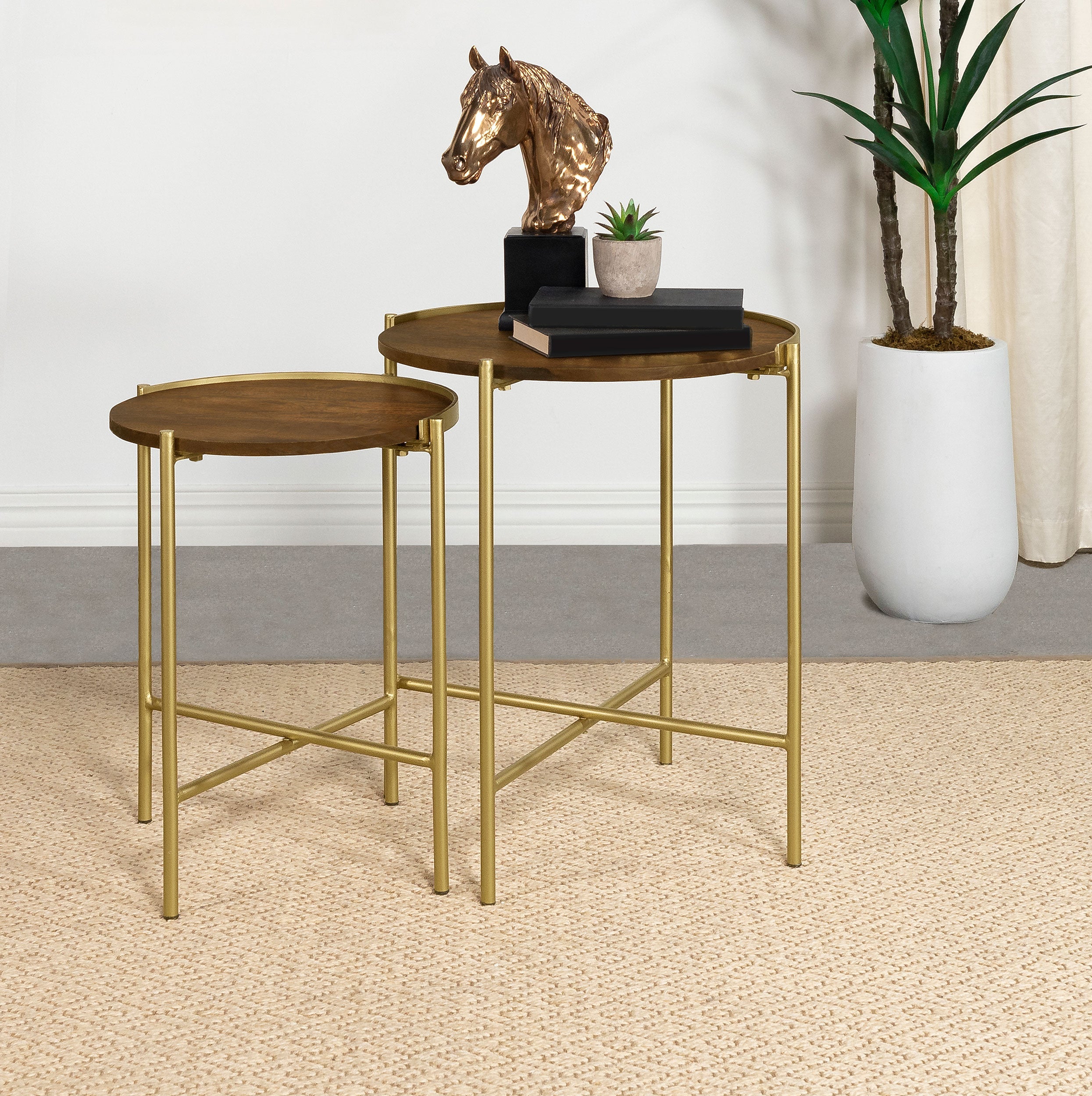 Malka 2-piece Round Wood Nesting Table Dark Brown and Gold-