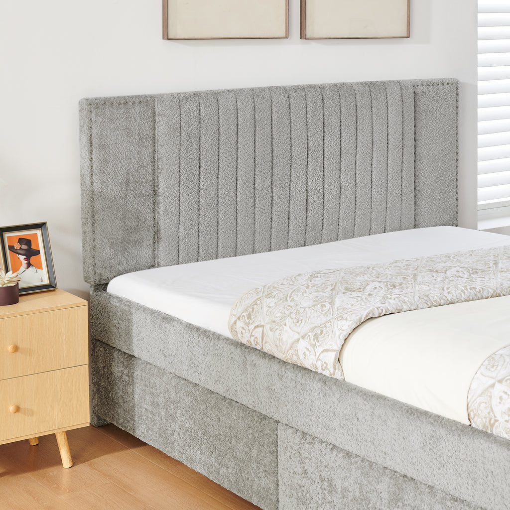 Queen Vertical Channel Tufted Upholstered Bed, Grey Chenille, Storage Drawers & Pull-Out Trundle