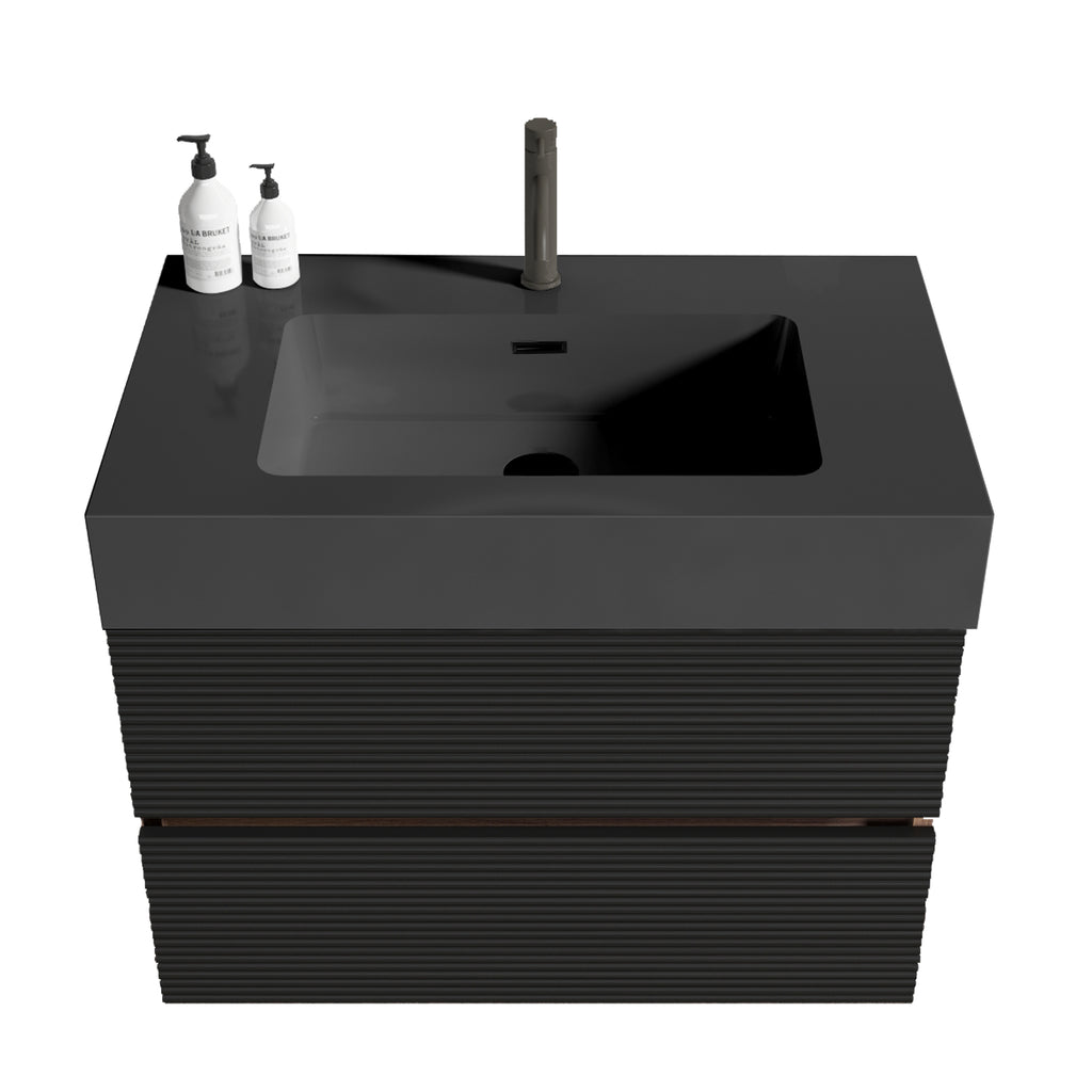 Grace 30-Inch Wall-Mounted Bathroom Vanity, Black and Walnut with Solid Surface Sink