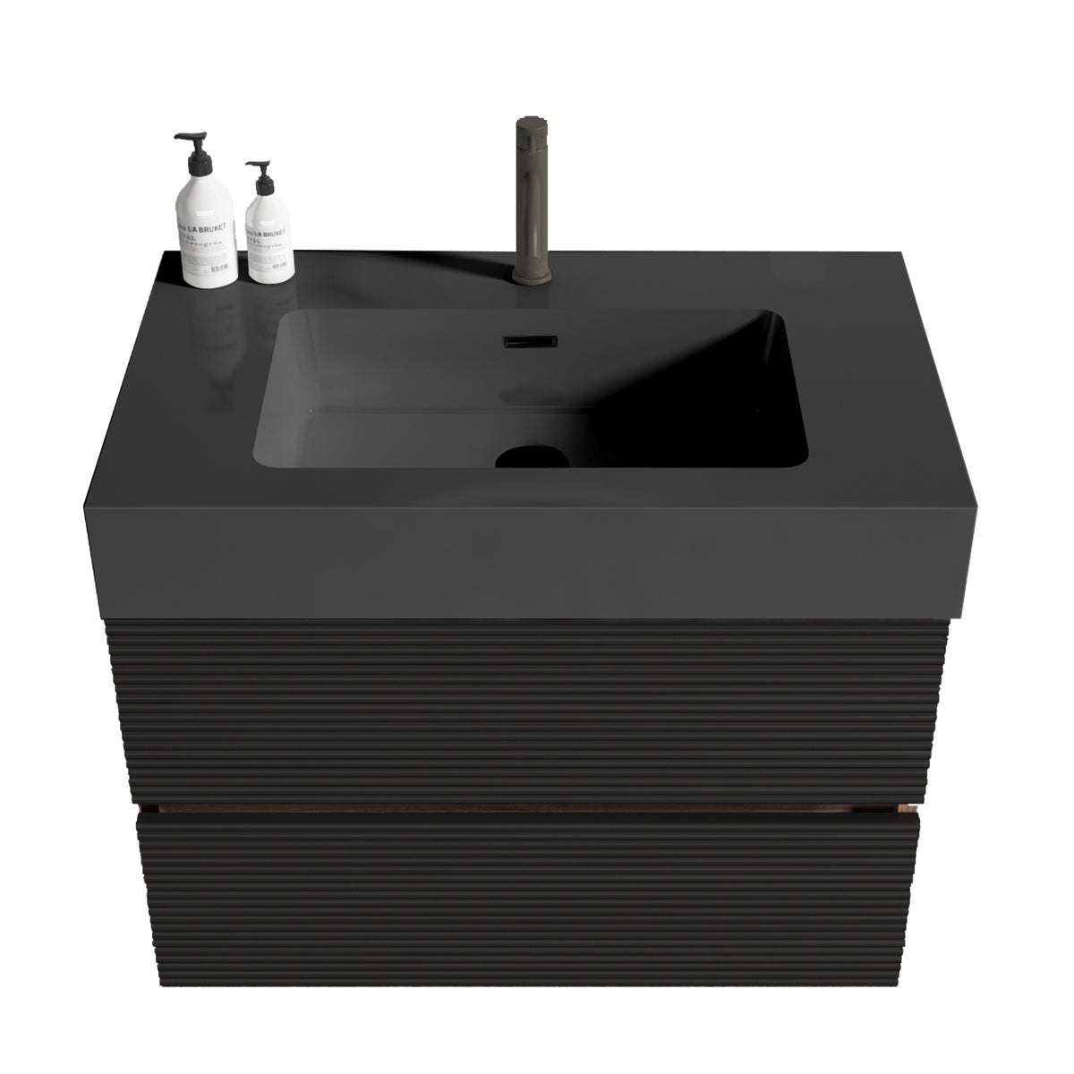 Grace 30-Inch Wall-Mounted Bathroom Vanity, Black and Walnut with Solid Surface Sink