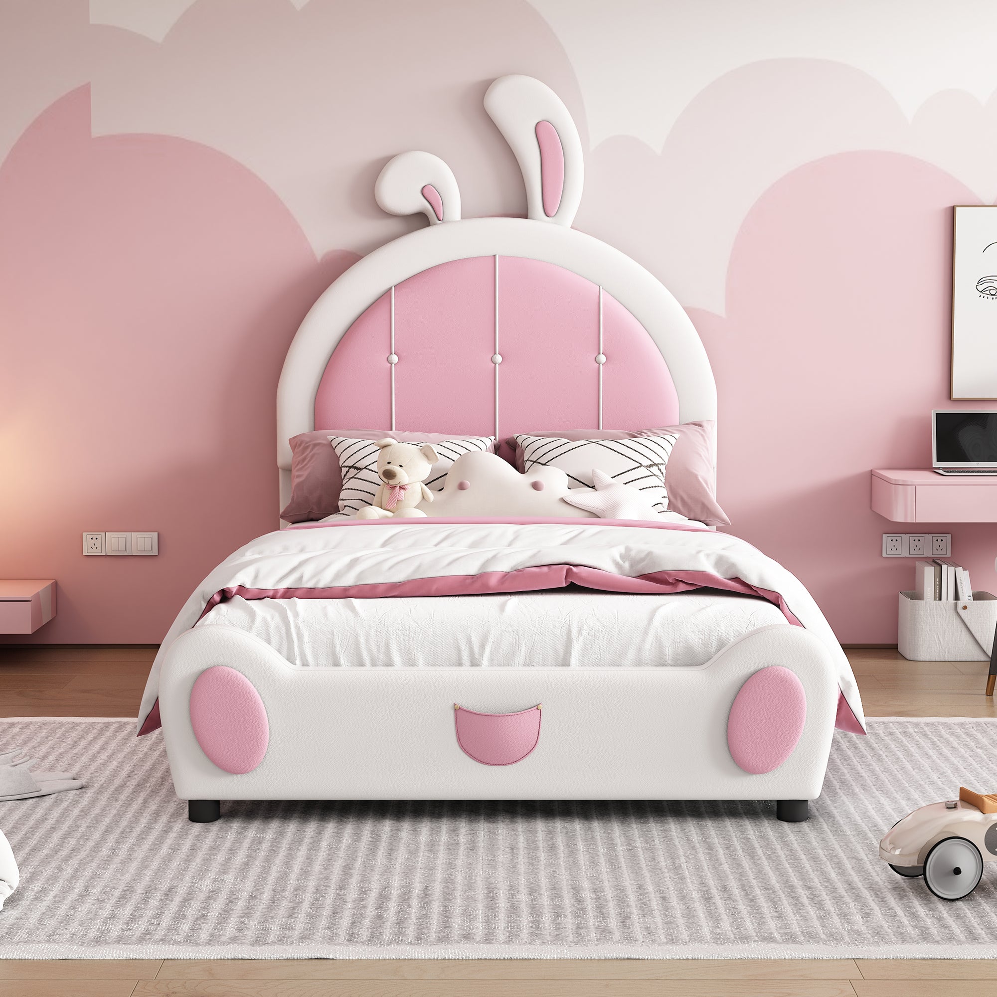Twin Size Upholstered Platform Bed With Rabbit Shaped Headboard
