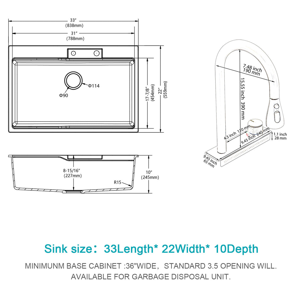 33" Drop In Waterfall Kitchen Sink