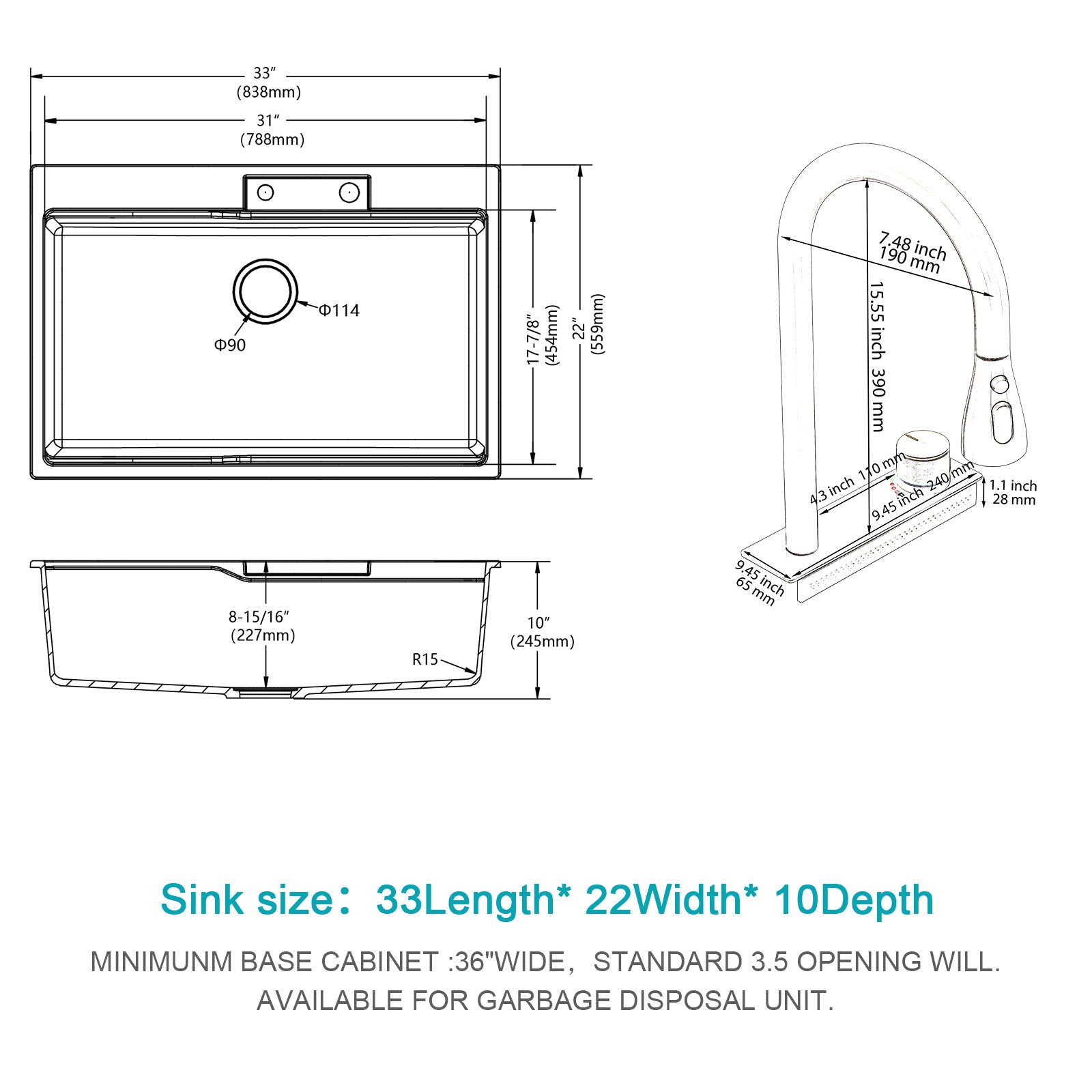 33" Drop In Waterfall Kitchen Sink