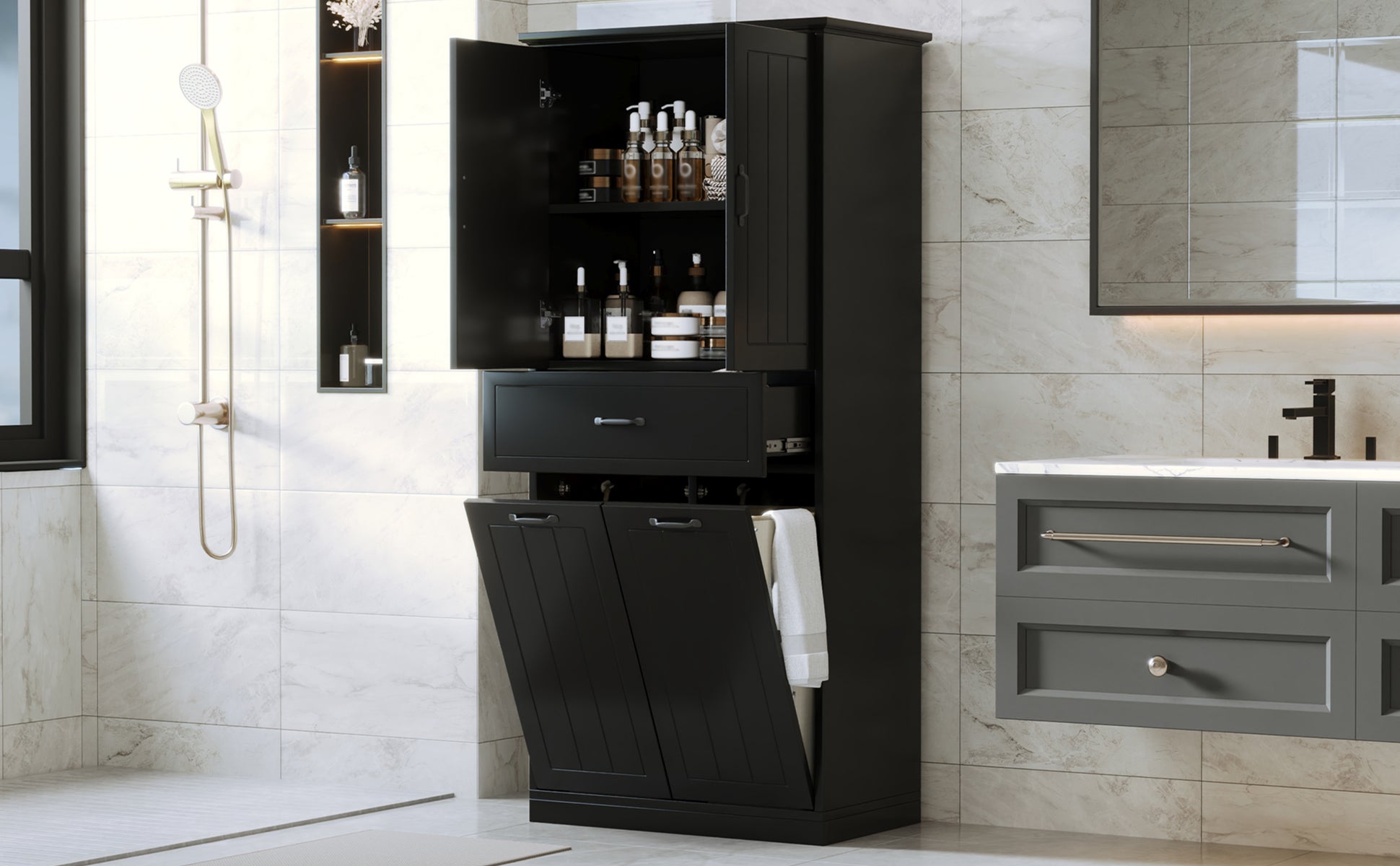 Bathroom Storage Cabinet with Two Laundry Baskets
