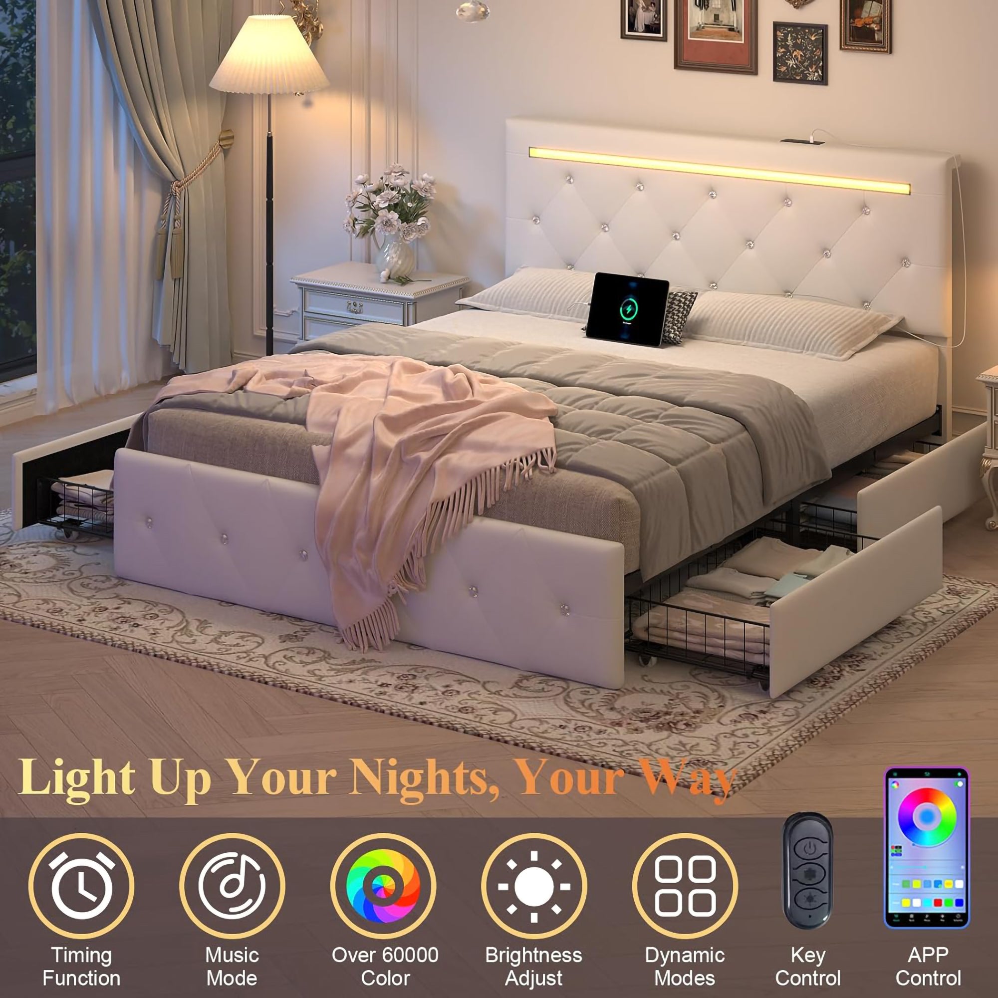 Full Size Bed Frame With LED Light And 4 Storage Drawers