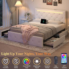 Queen Size Bed Frame with LED Light and 4 Storage Drawers
