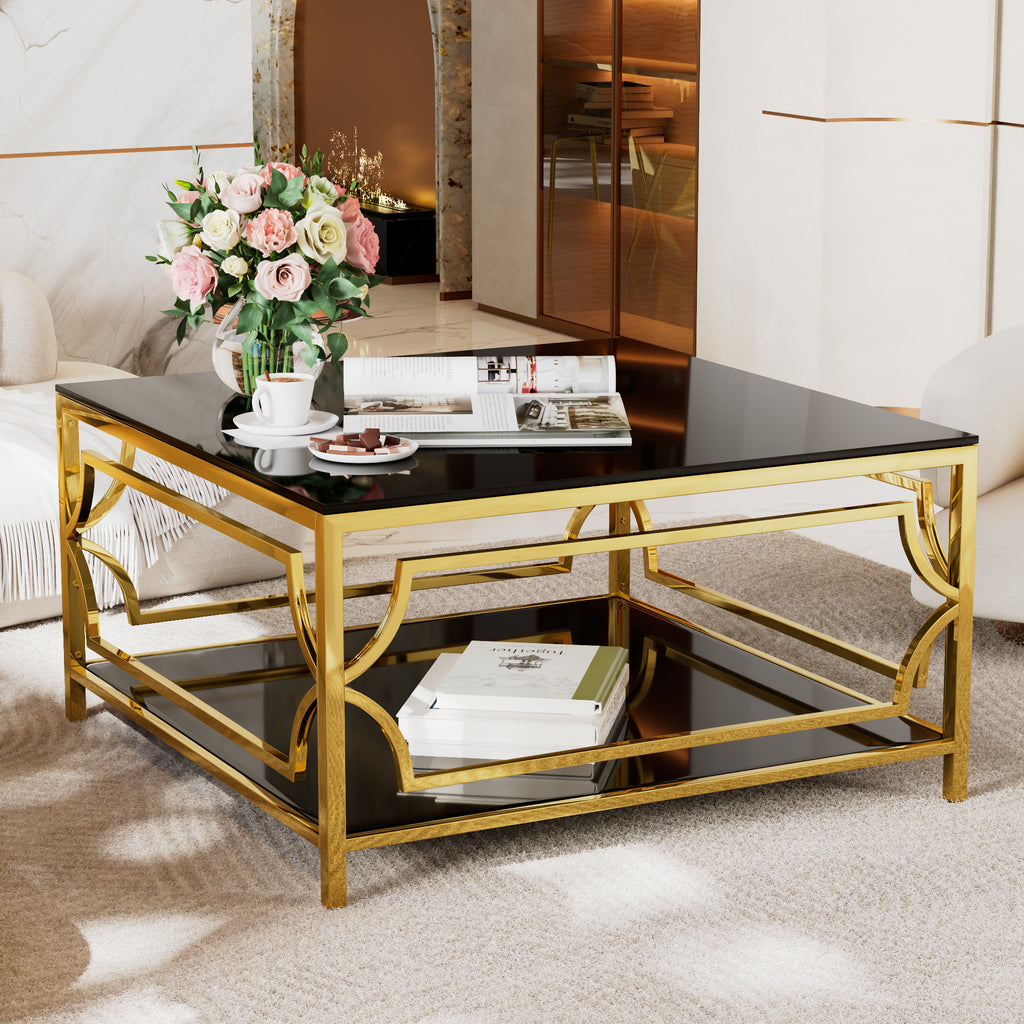 Square Glass Coffee Table in 33.5" with Luxurious Geometric Metal Frame