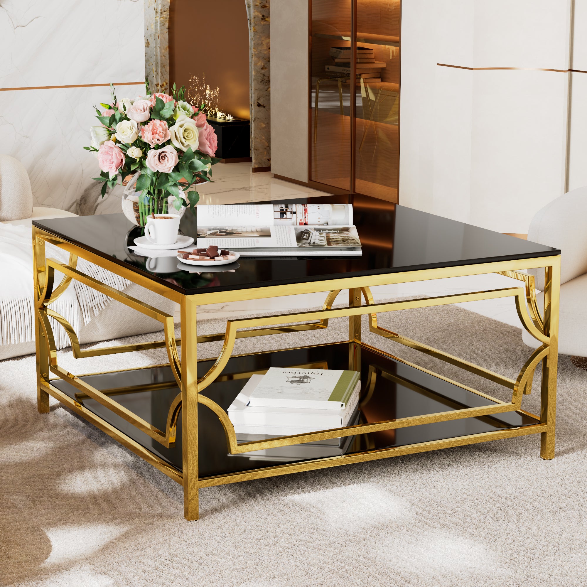 Square Glass Coffee Table in 33.5" with Luxurious Geometric Metal Frame