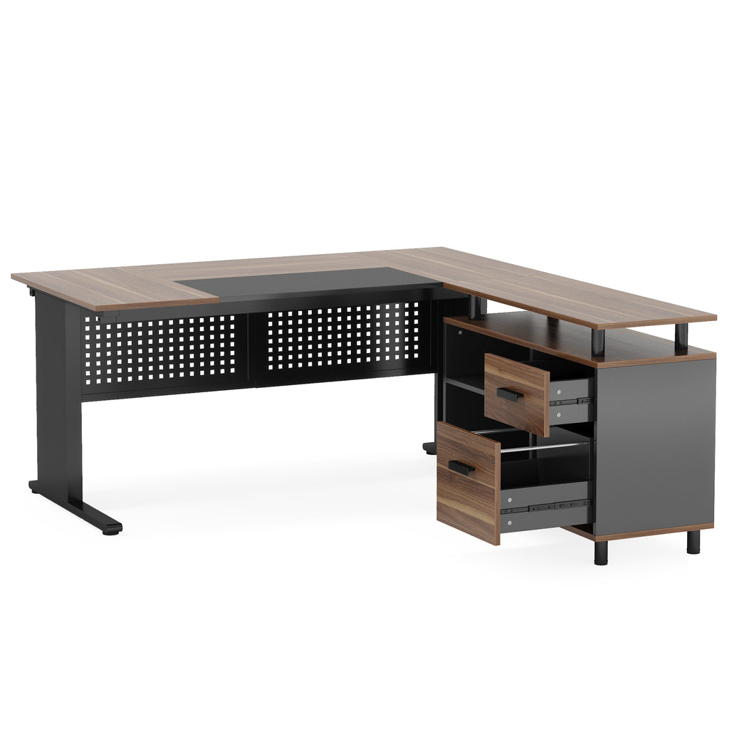 63" L-Shaped Executive Desk with File Cabinet