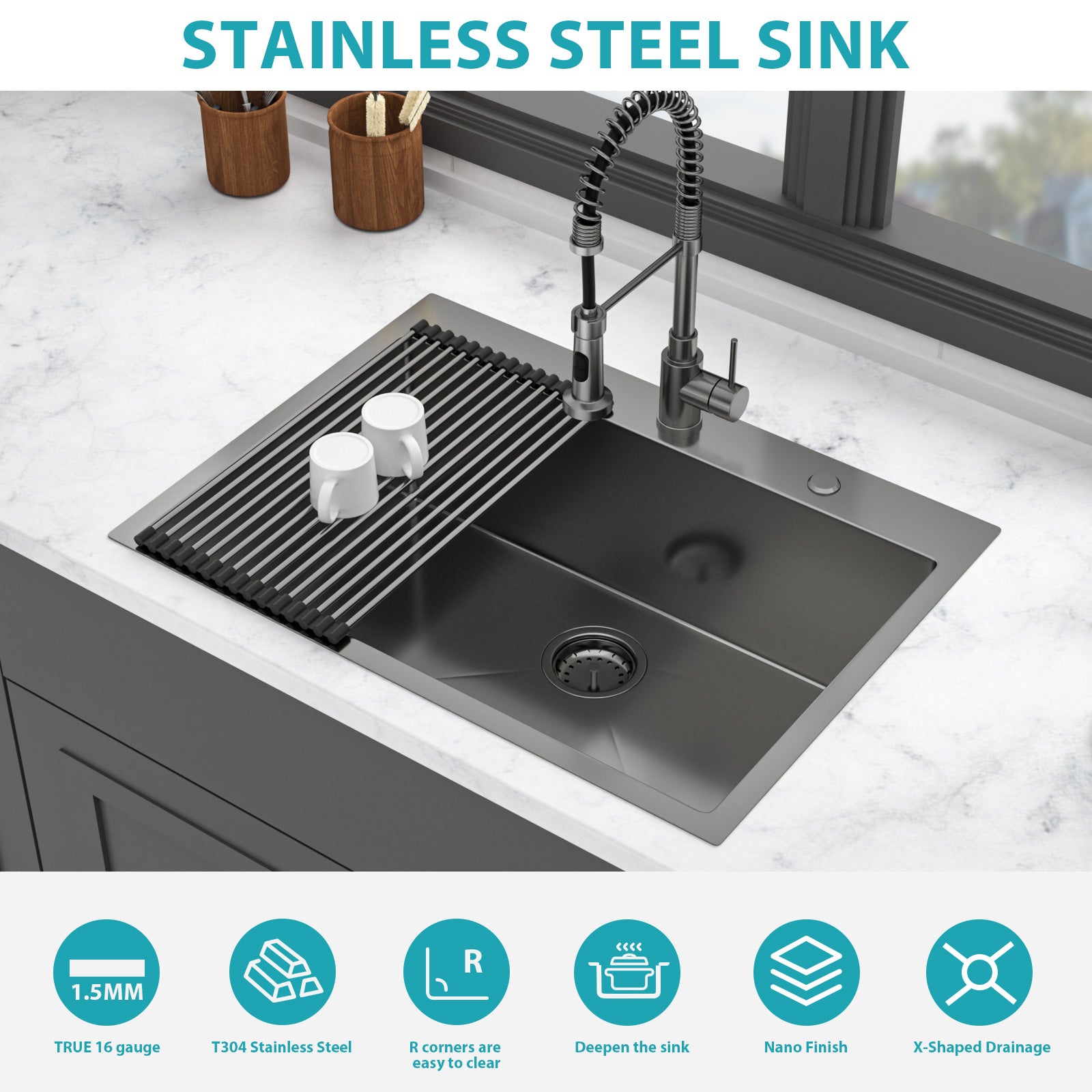 30 x 22 x 10 Inch Kitchen Sink Drop In Gunmetal