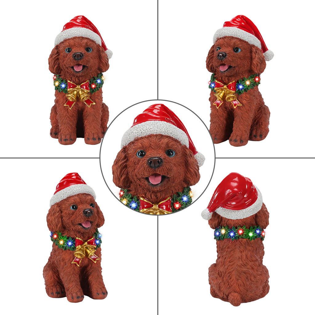 Lighted Christmas Teddy Poodle Dog Statue, Santa Hat Puppy Figurine with LED Wreath and Bells