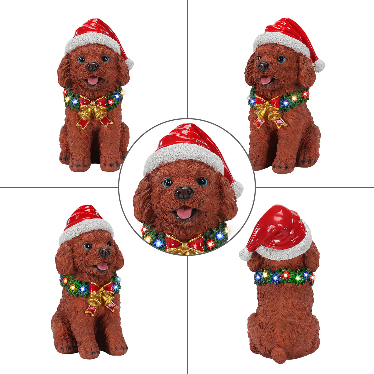 Lighted Christmas Teddy Poodle Dog Statue, Santa Hat Puppy Figurine with LED Wreath and Bells