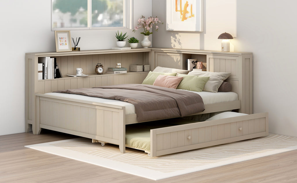 Full Size Wood Daybed with Storage Shelves and Trundle