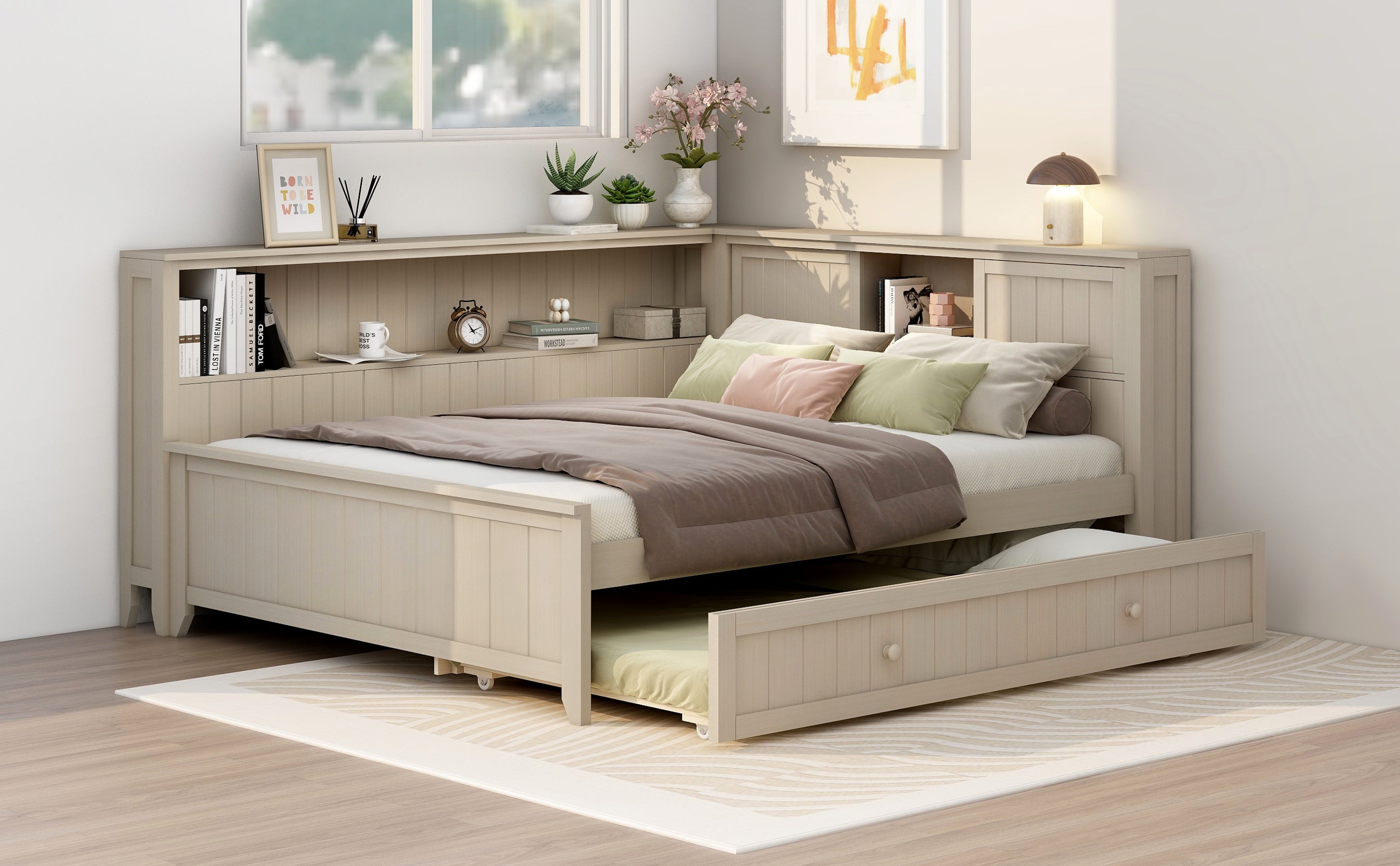 Full Size Wood Daybed with Storage Shelves and Trundle