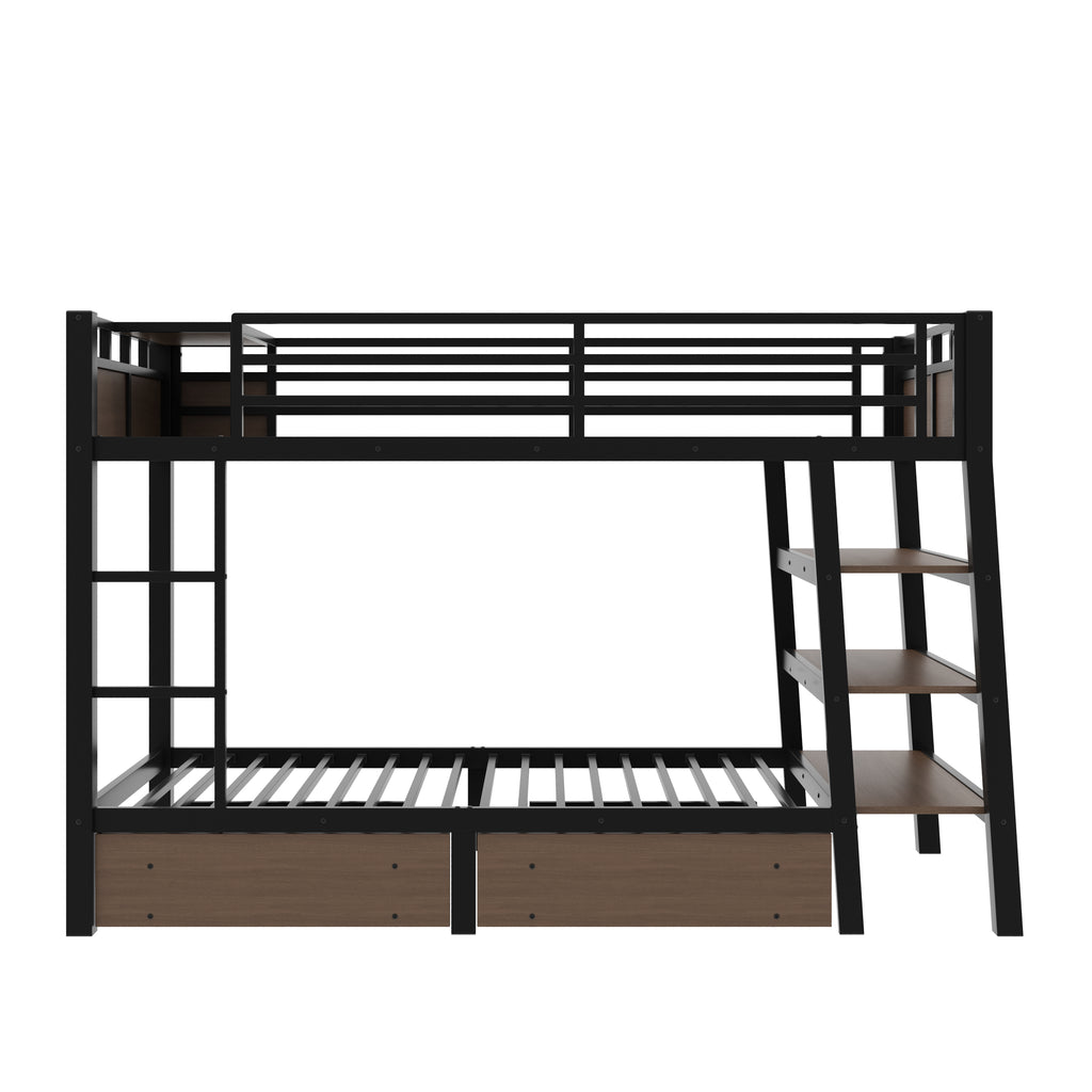 Twin Size Metal Bunk Bed with Storage Shelves and USB Power