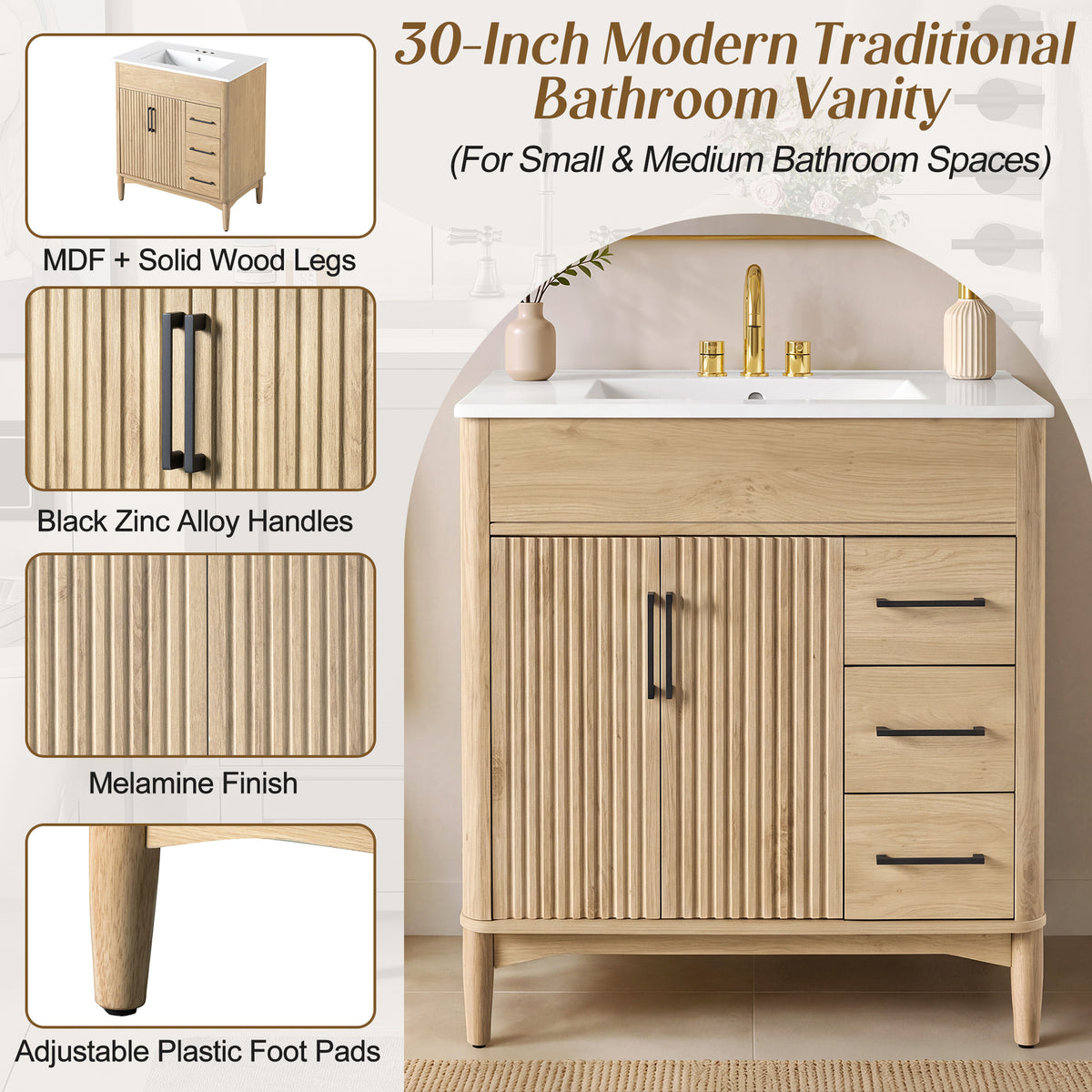 [Viedo]30-Inch Bathroom Vanity with Ceramic Sink, Modern Traditional Freestanding Bathroom Cabinet with 2 Doors & 3 Drawers, Adjustable U-Shaped Shelf, Soft-Close Hinges & Drawer Slides