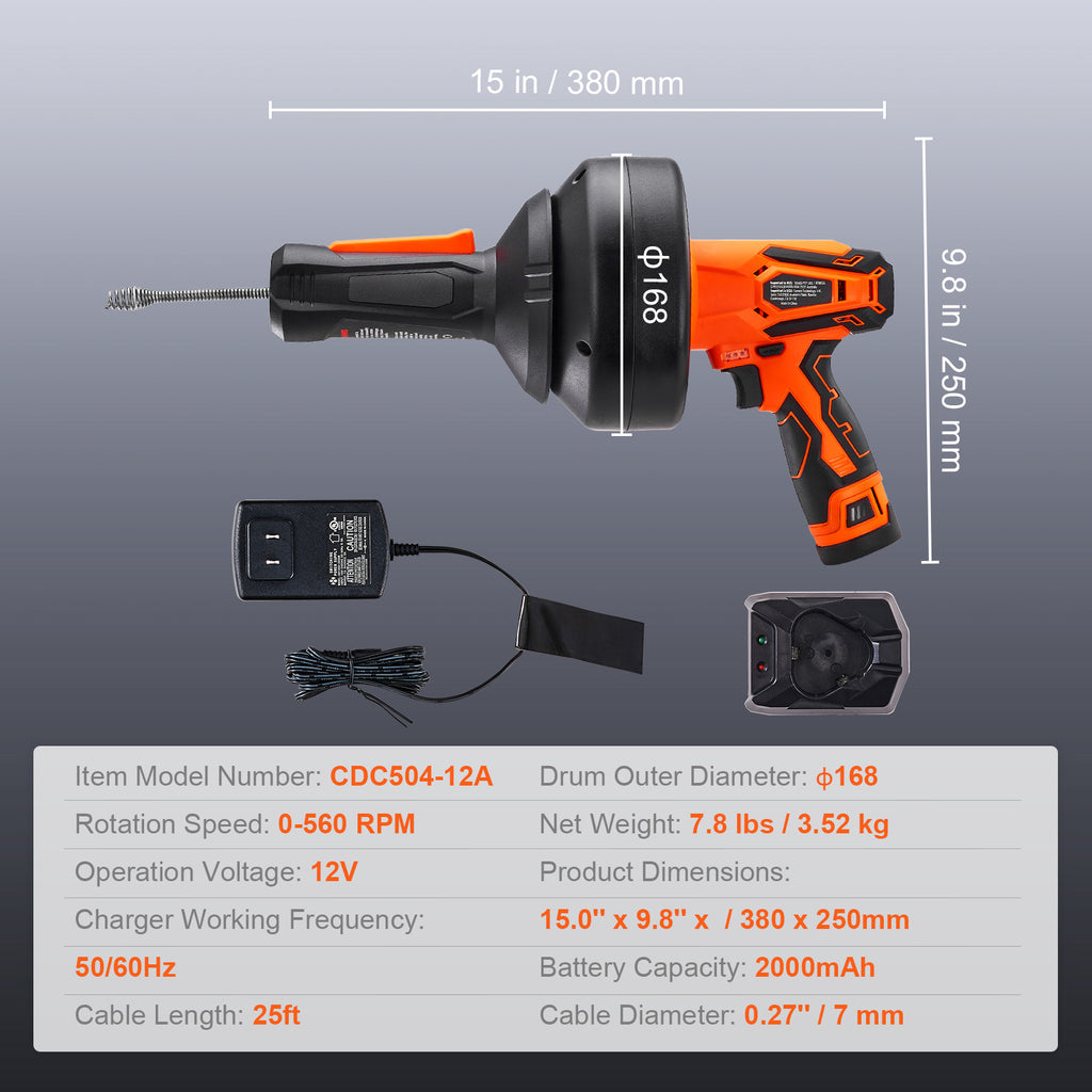 12V Electric Drain Auger - Cordless Plumbing Snake