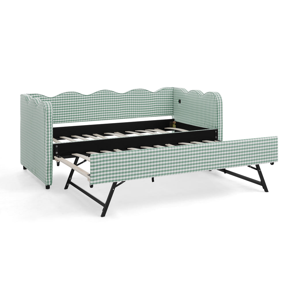 Cozy Gingham Daybed with Trundle Twin Size Sofa Bed