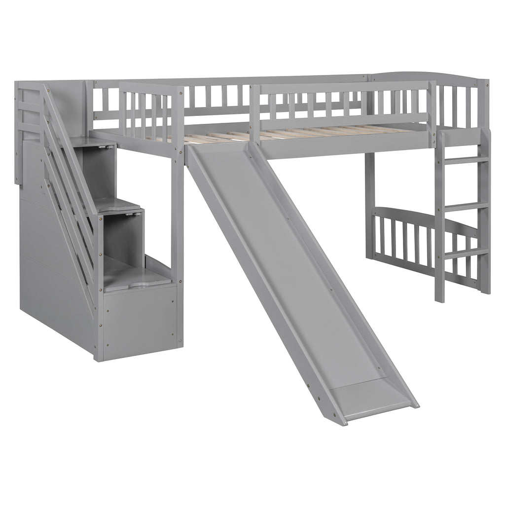 Stairway Twin Size Loft Bed with Two Drawers and Slide, Gray