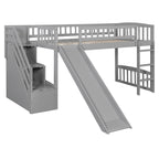 Stairway Twin Size Loft Bed with Two Drawers and Slide, Gray