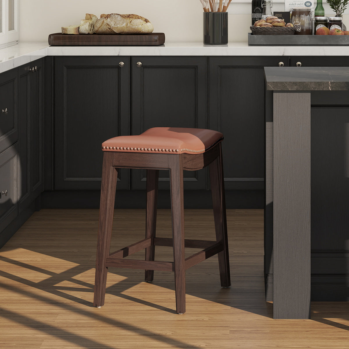 Barlow 24.5" Top Grain Leather Backless Saddle Counter Stool, Brown