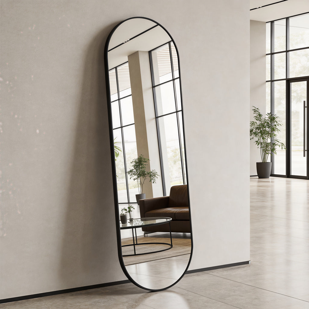 Black Pill Shaped Full Length Mirror, 63 x 20 Inches