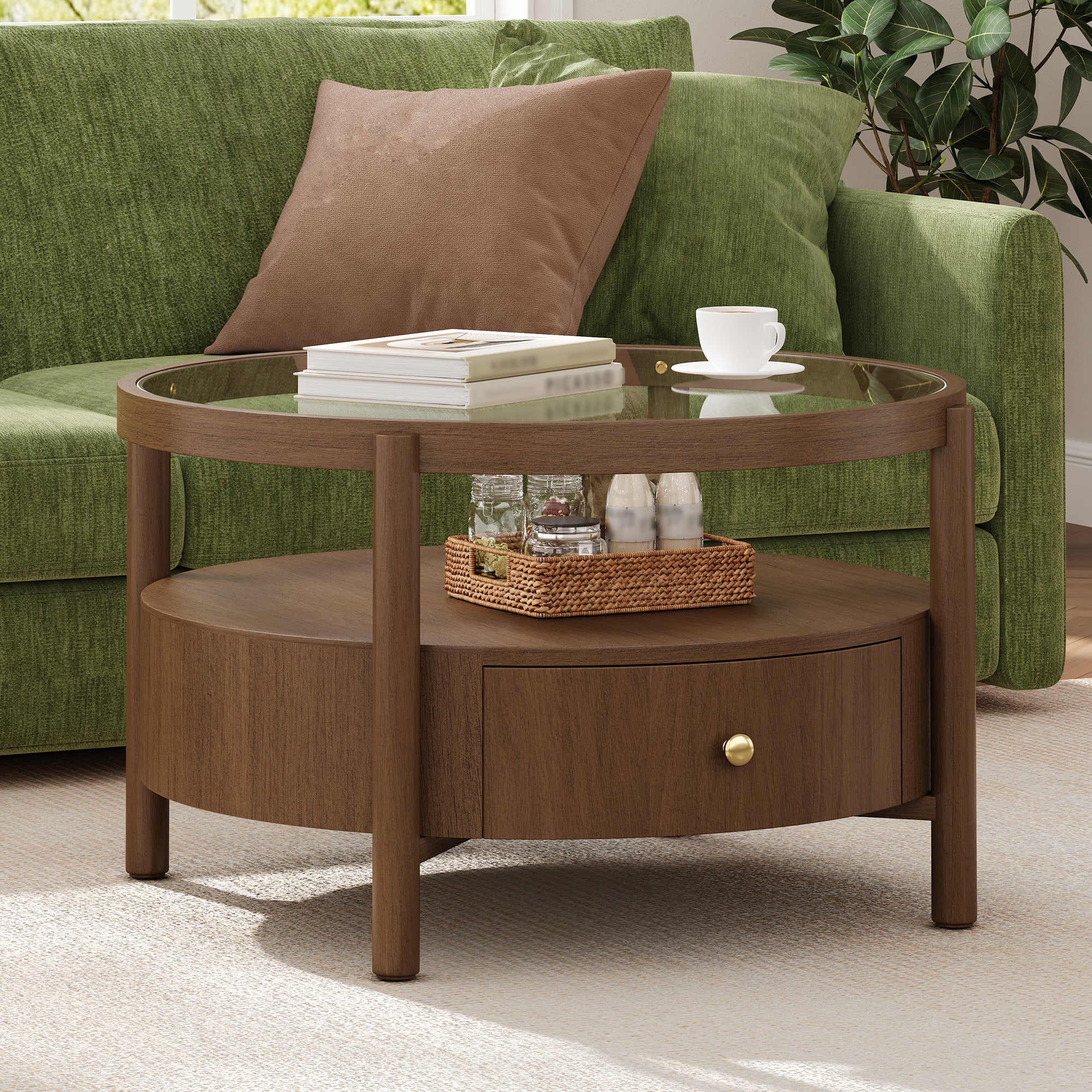 Solid Wood Round Glass Top Coffee Table with Storage Drawer