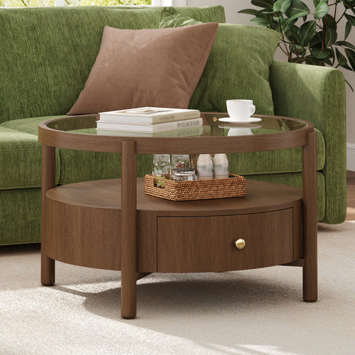 Solid Wood Round Glass Top Coffee Table with Storage Drawer