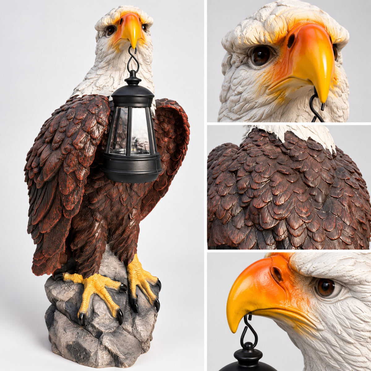 Solar Bald Eagle Garden Statue with Lantern, 23-Inch, Black Brown Resin