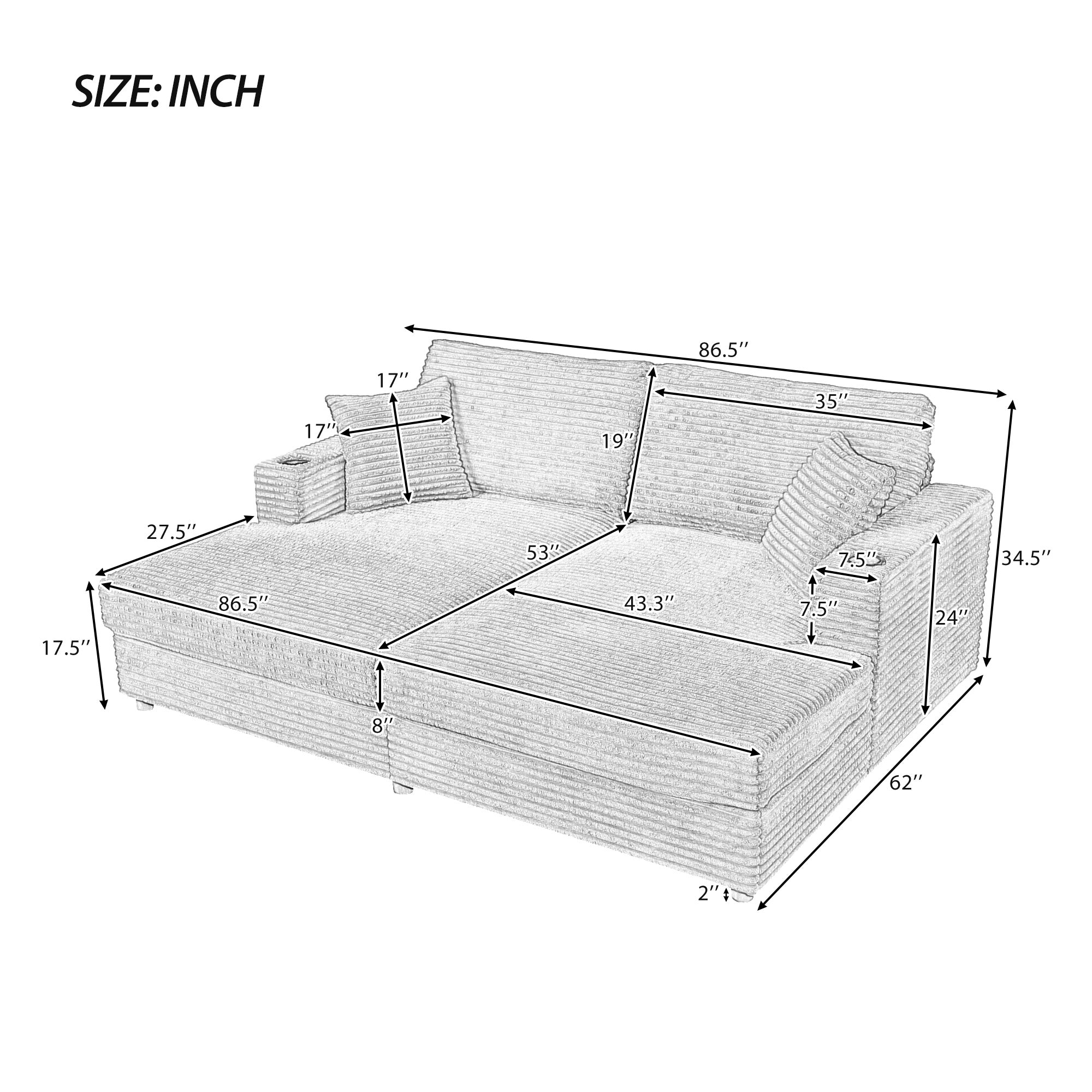 86.5" Oversized Loveseat Chaise Lounge Sectional Sofa Bed
