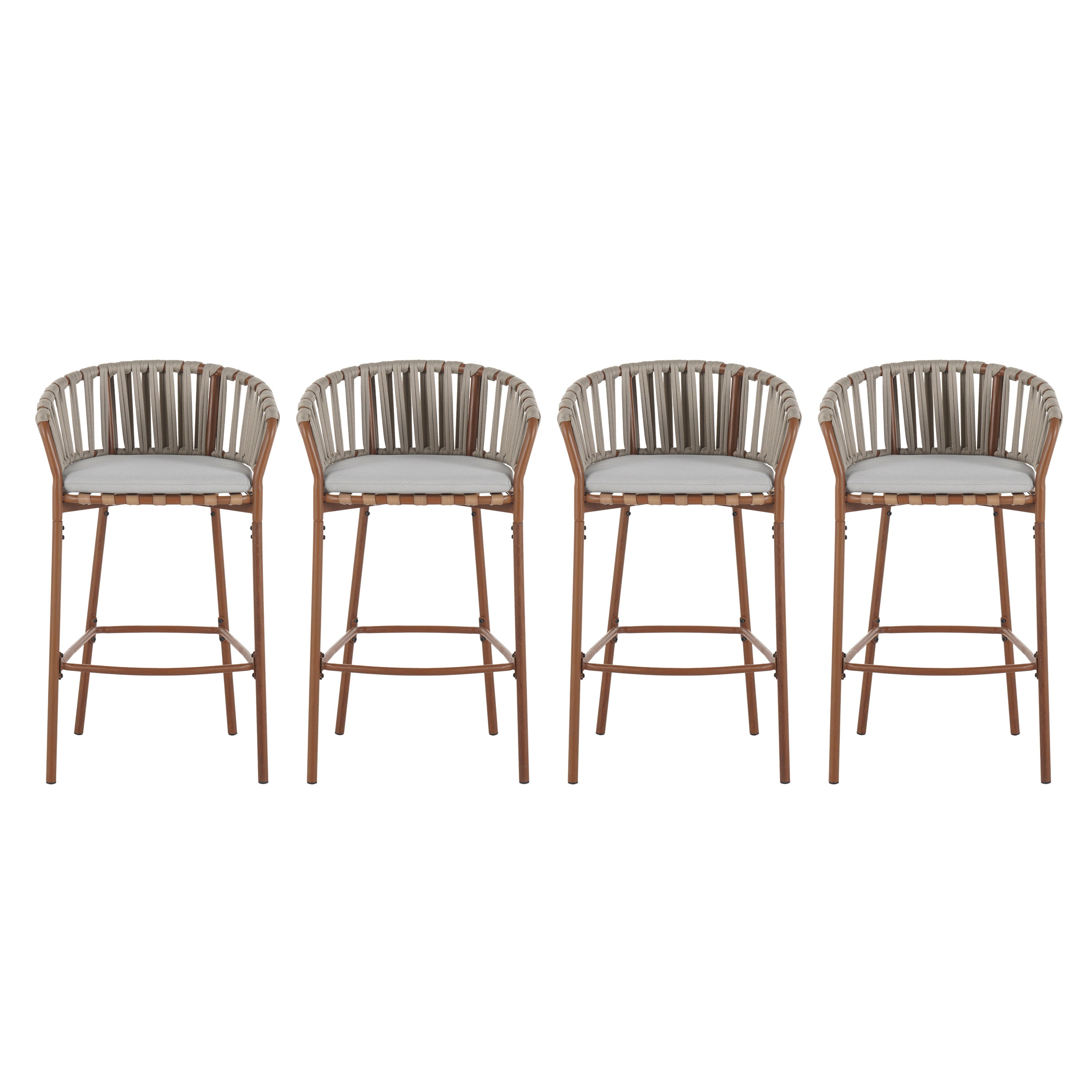 Lodi Outdoor Metal Rope Barstool, Teak Finished Frame and Beige Cushion, Set of 4